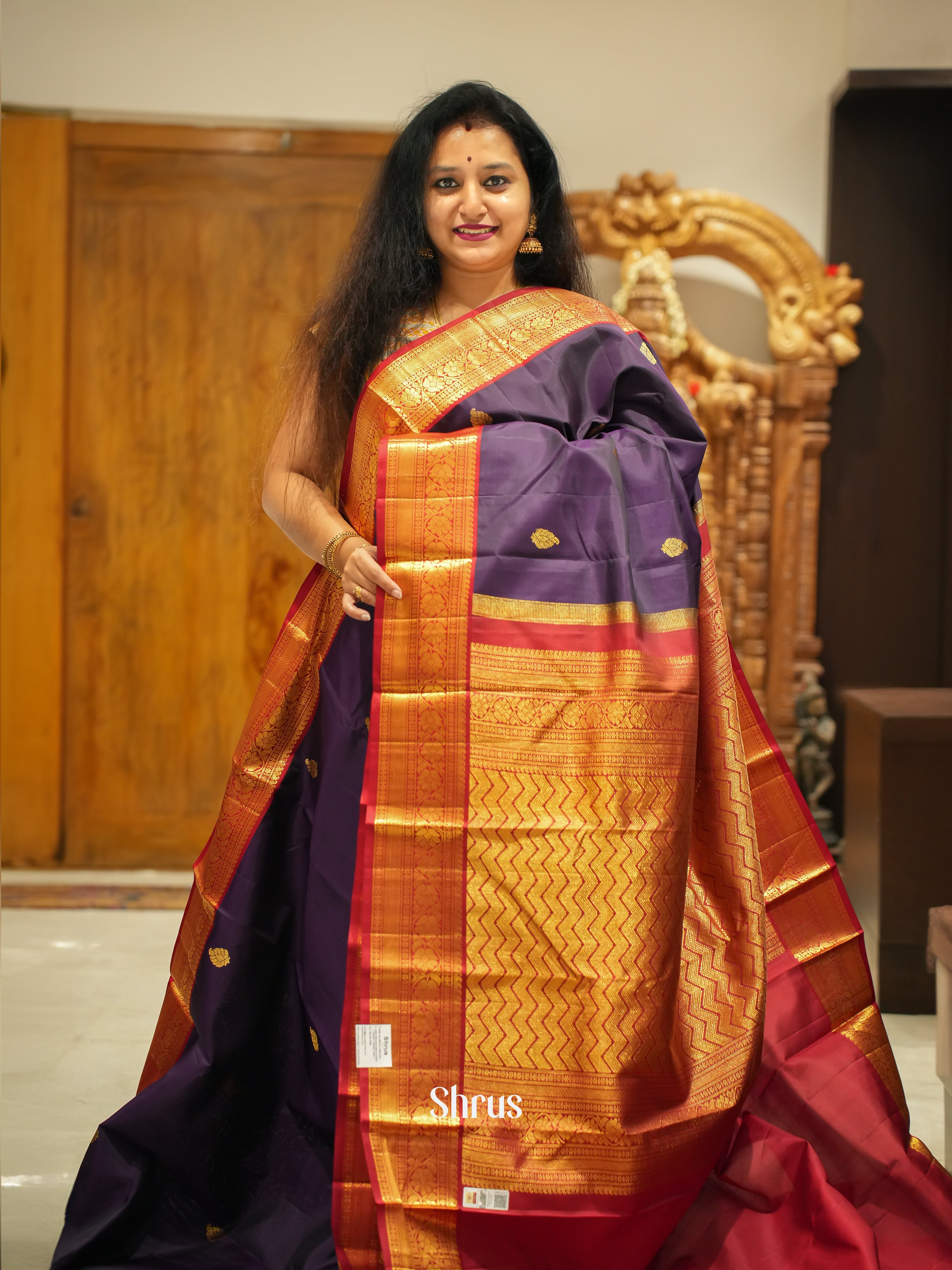 Dark Wine and Maroon - Korvai Kanchipuram Silk Saree with zari buttas on the body and contrast zari border