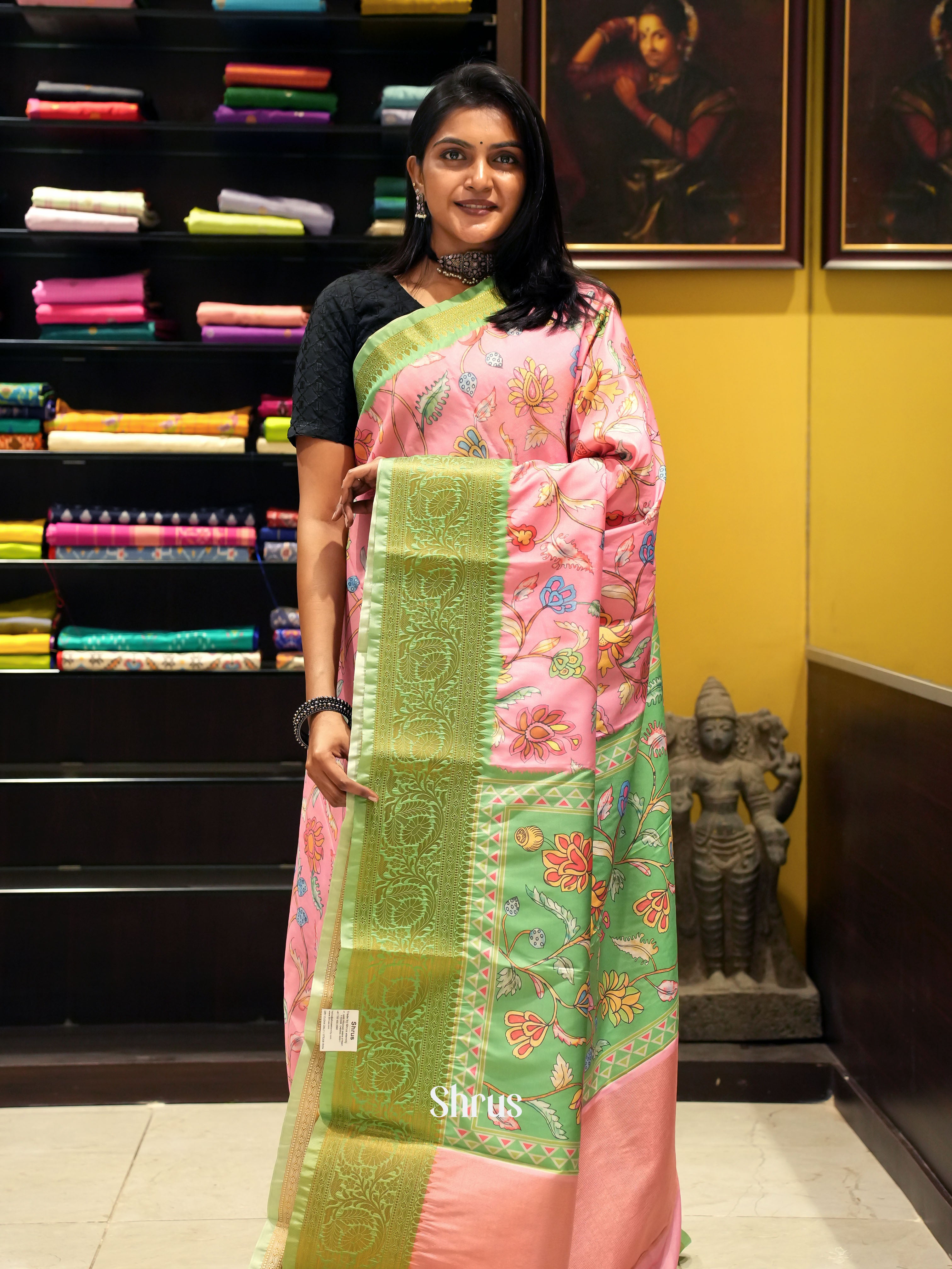 Pink & Green  - Semi chanderi Saree