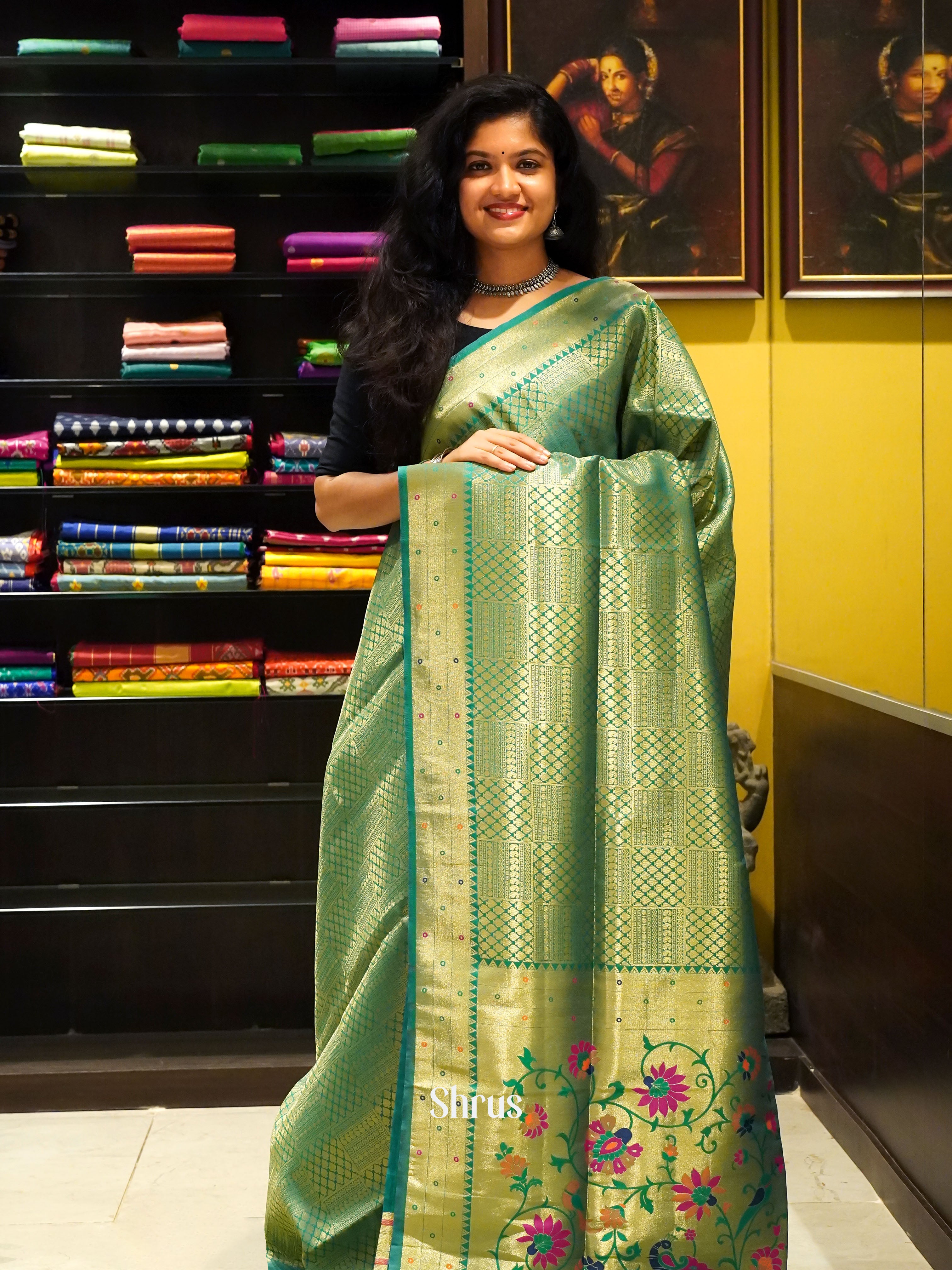 Green (Single Tone)- Semi Paithani with zari brocade on the body& Zari Border