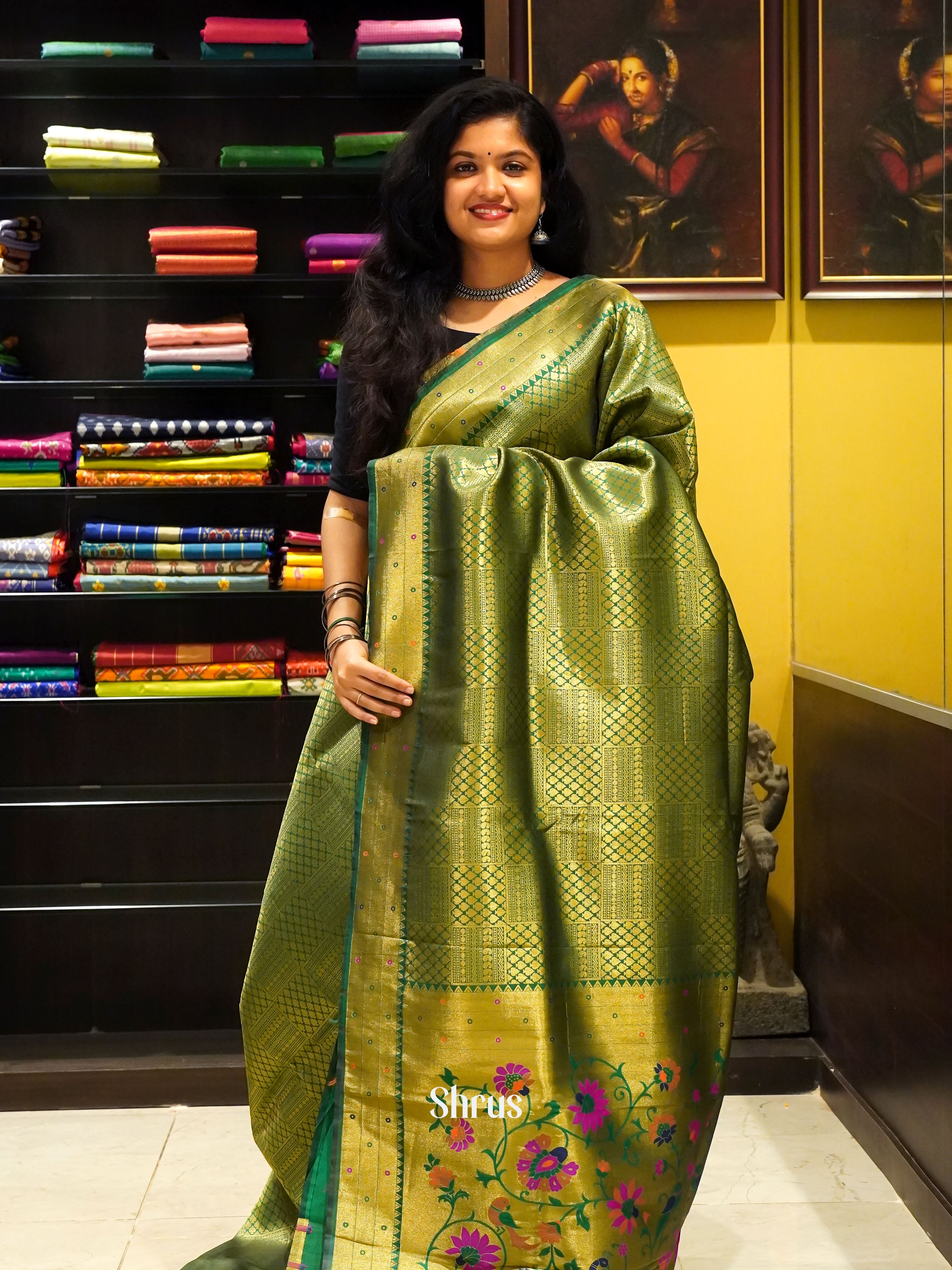 Green(Single Tone)- Semi Paithani with ari brocade on the body & Zari Border