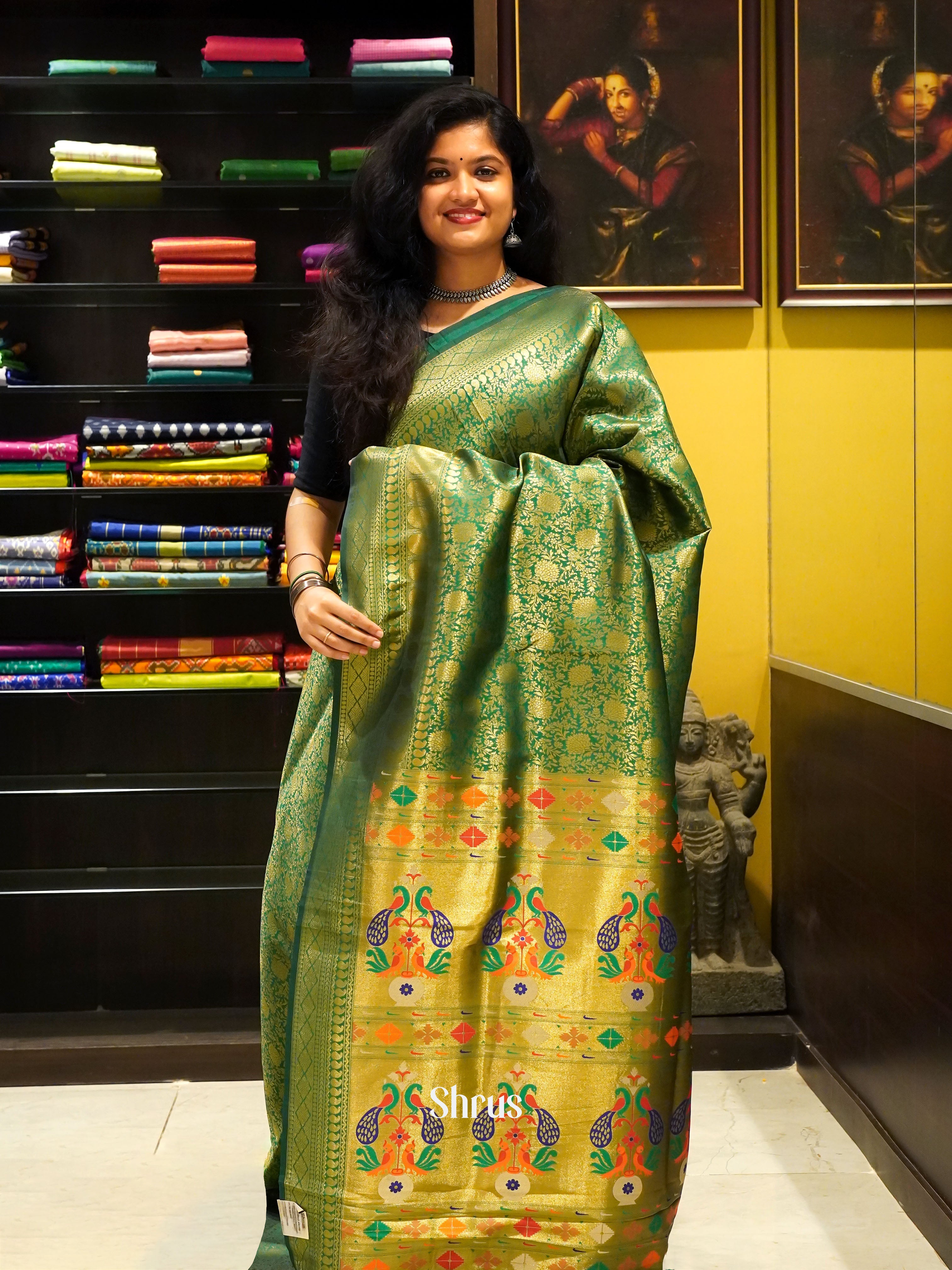 Green(Single Tone)- Semi Paithani with floral nestling brocade on the body  & Zari Border