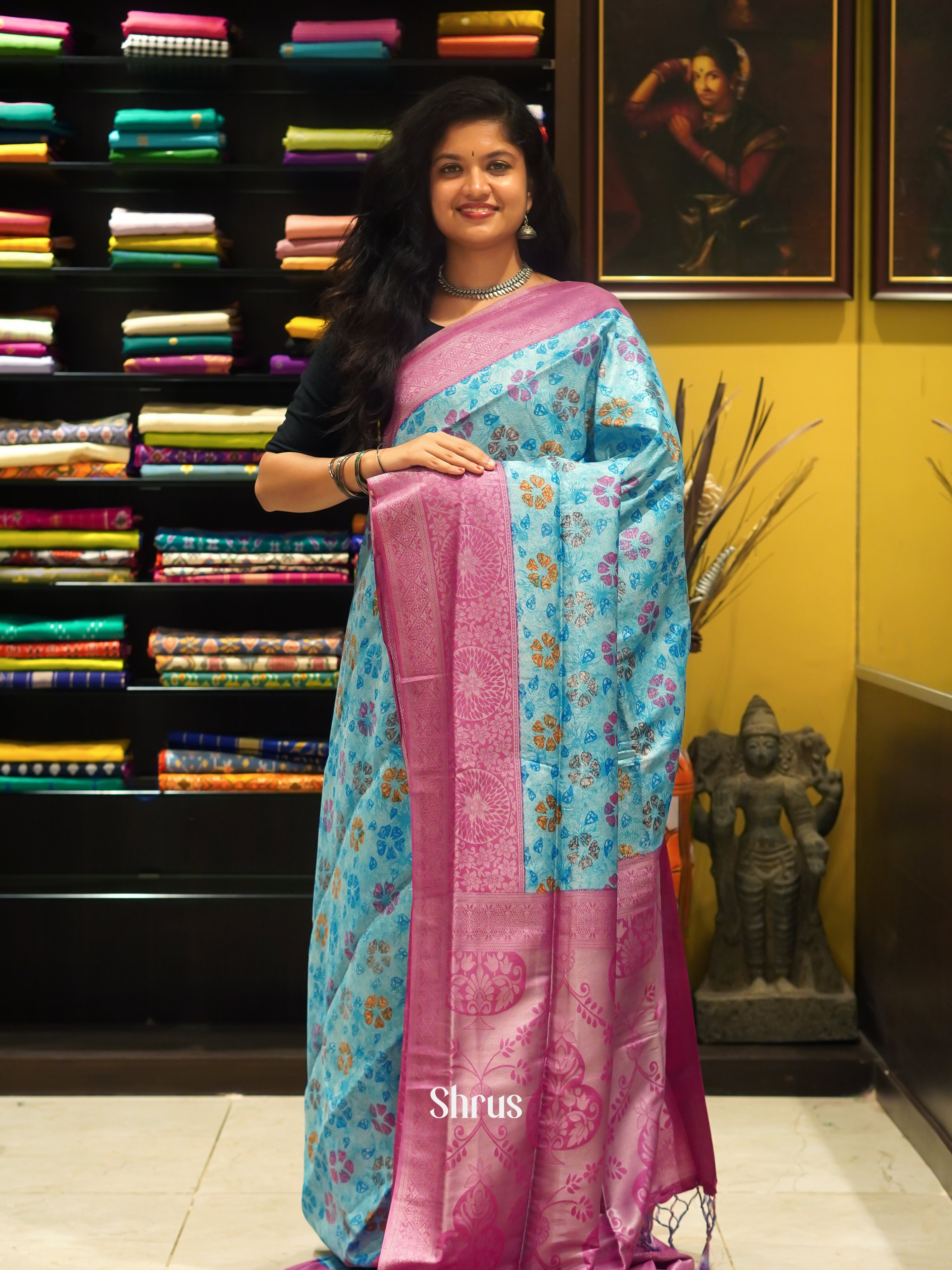 Blue & Pink - Semi Georgette with floral print on the body& Contrast Zari Border