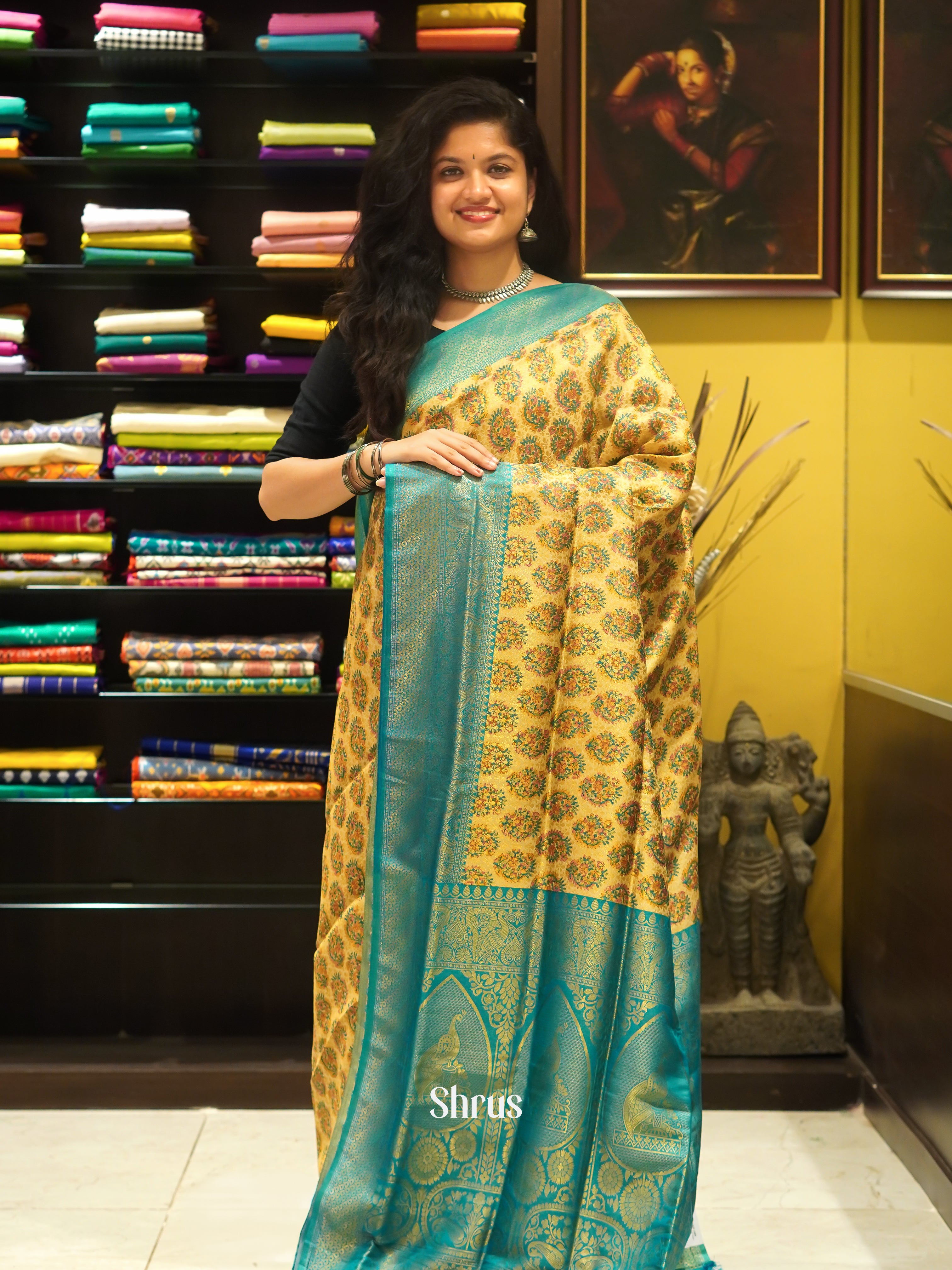 Yellow & Blue - Semi Georgette with floral print on the body & Contrast Zari Border