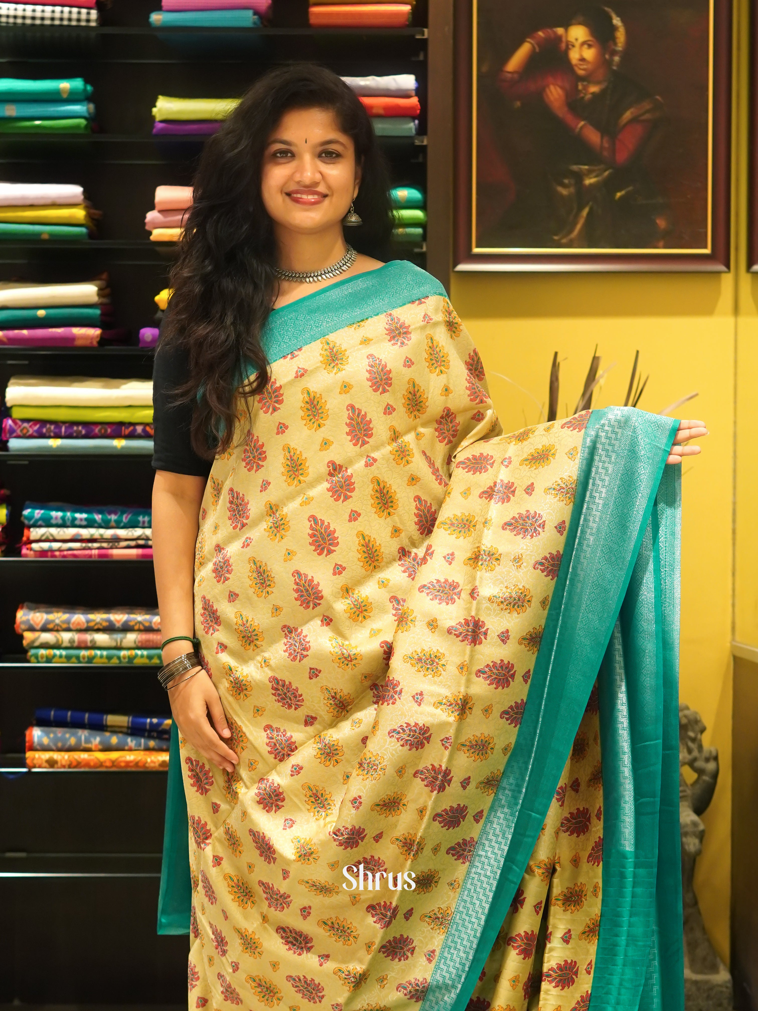 Yellow & Blue - Semi Georgette with floral print on the body & Contrast Zari Border