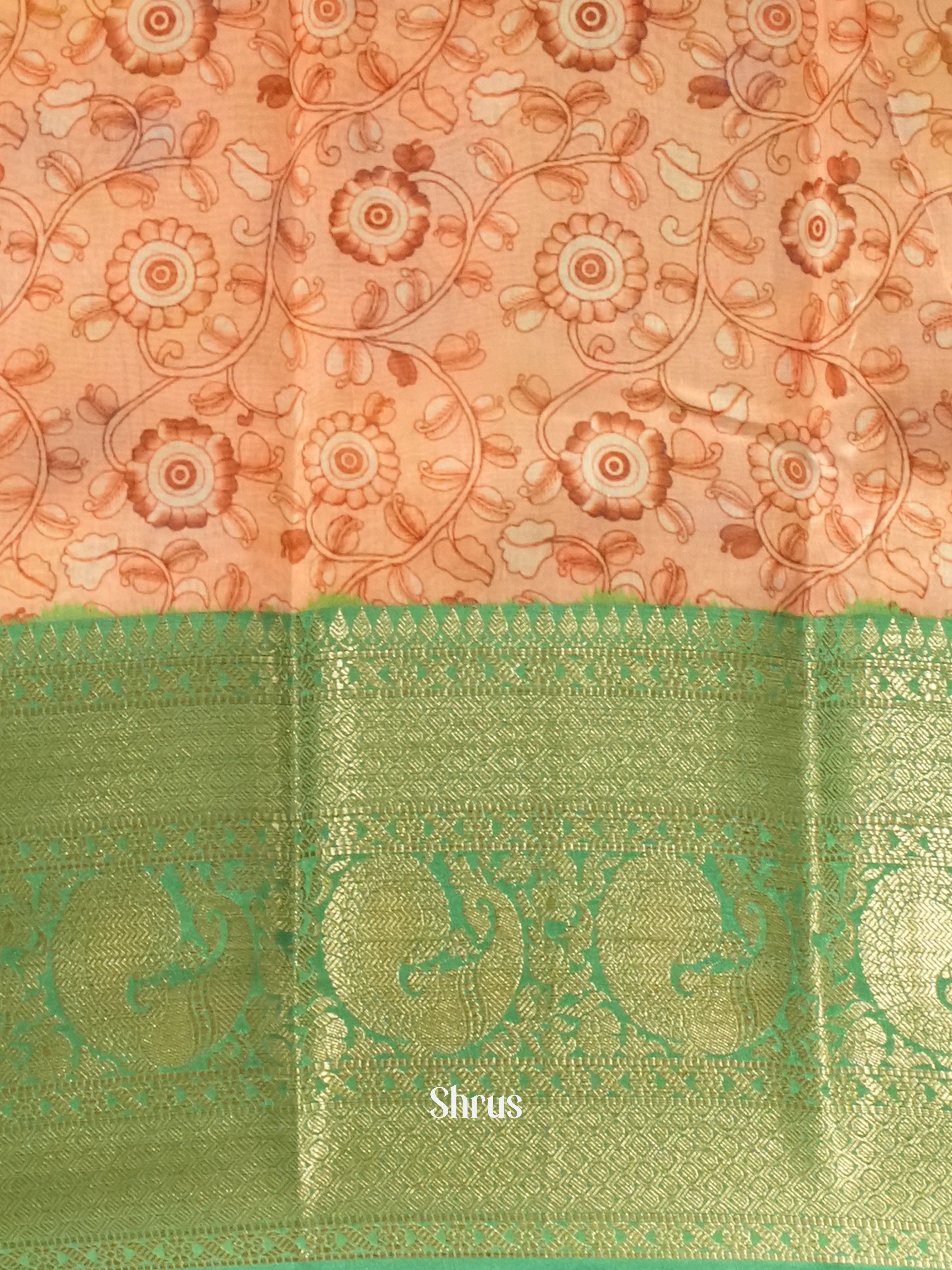 Peach and Green - Semi Chanderi with floral print on the body and zari border