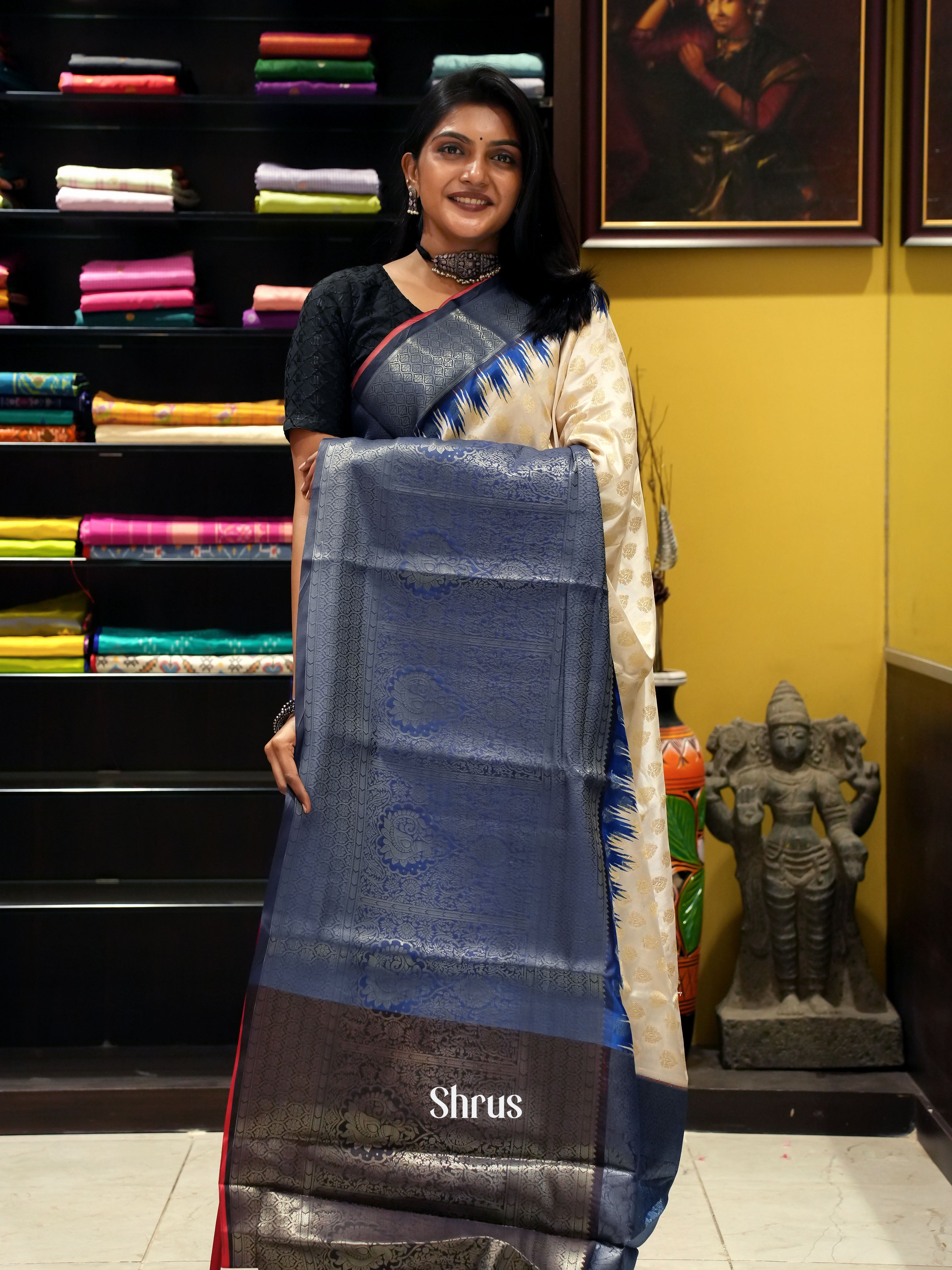 Cream & Blue - Semi Dupion Saree