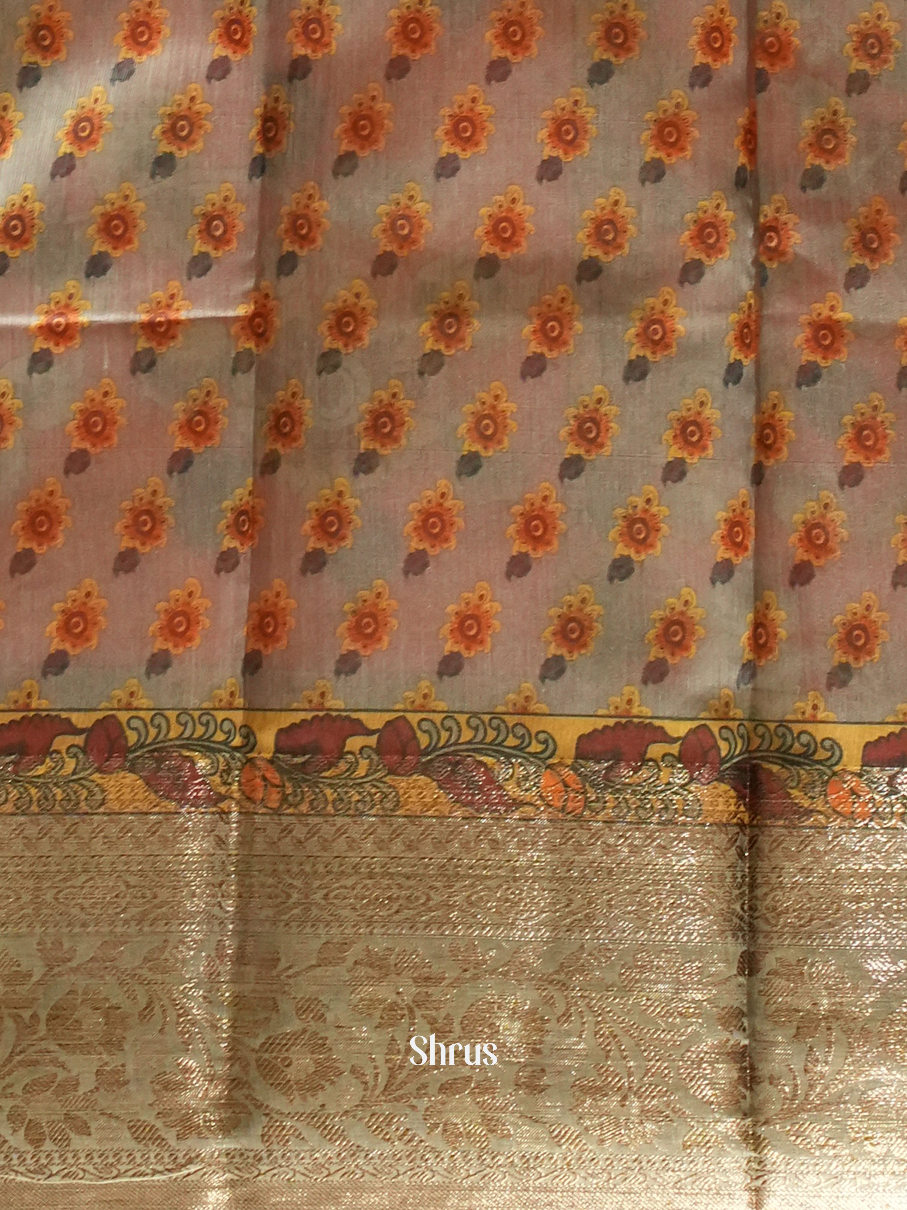 Orangish Pink & Grey - Semi Chanderi with floral print on the body & Zari Border