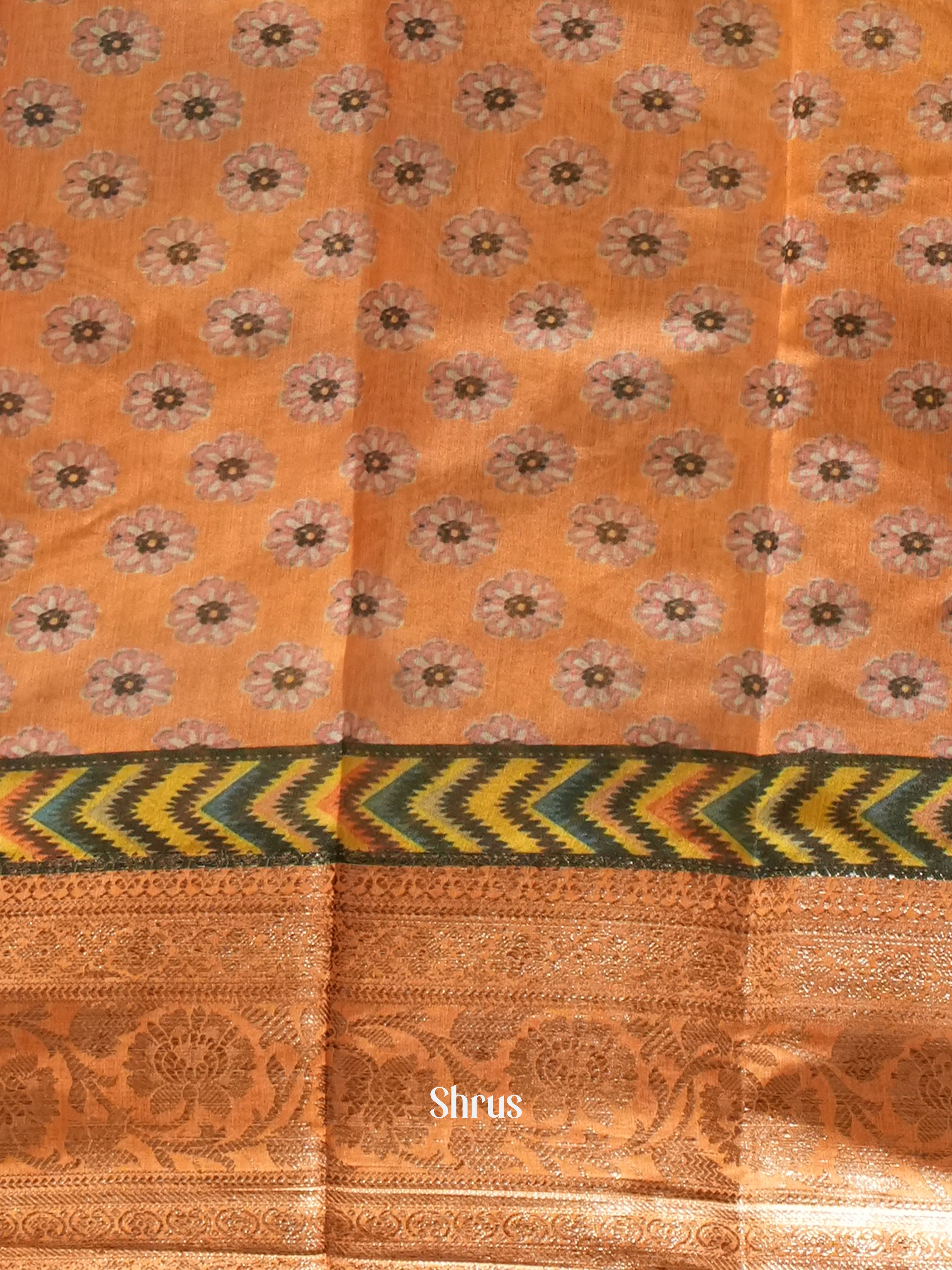 Blue & Peach - Semi Chanderi with floral print on the body & Zari Border