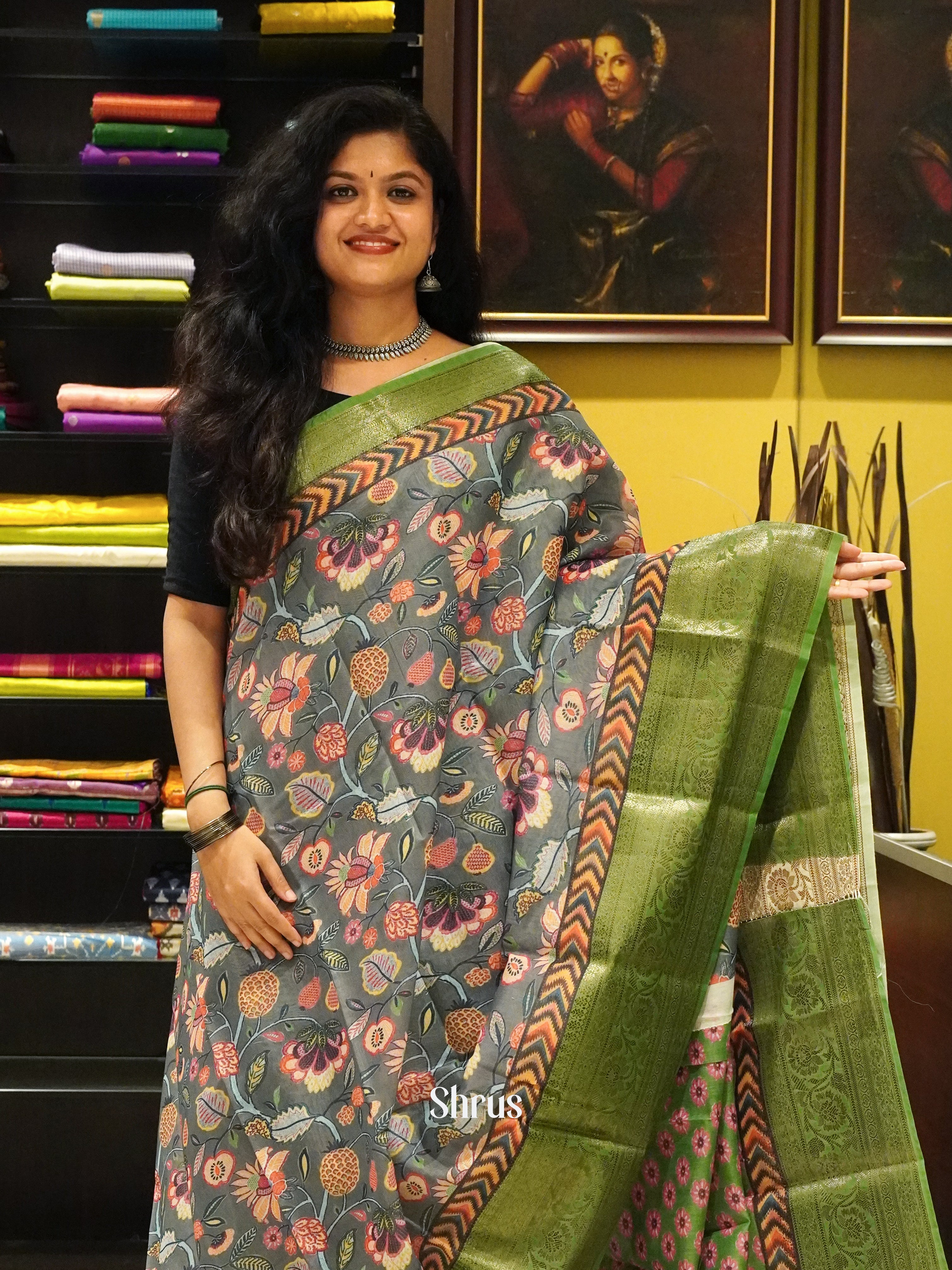 Grey & Green - Semi chanderi Saree