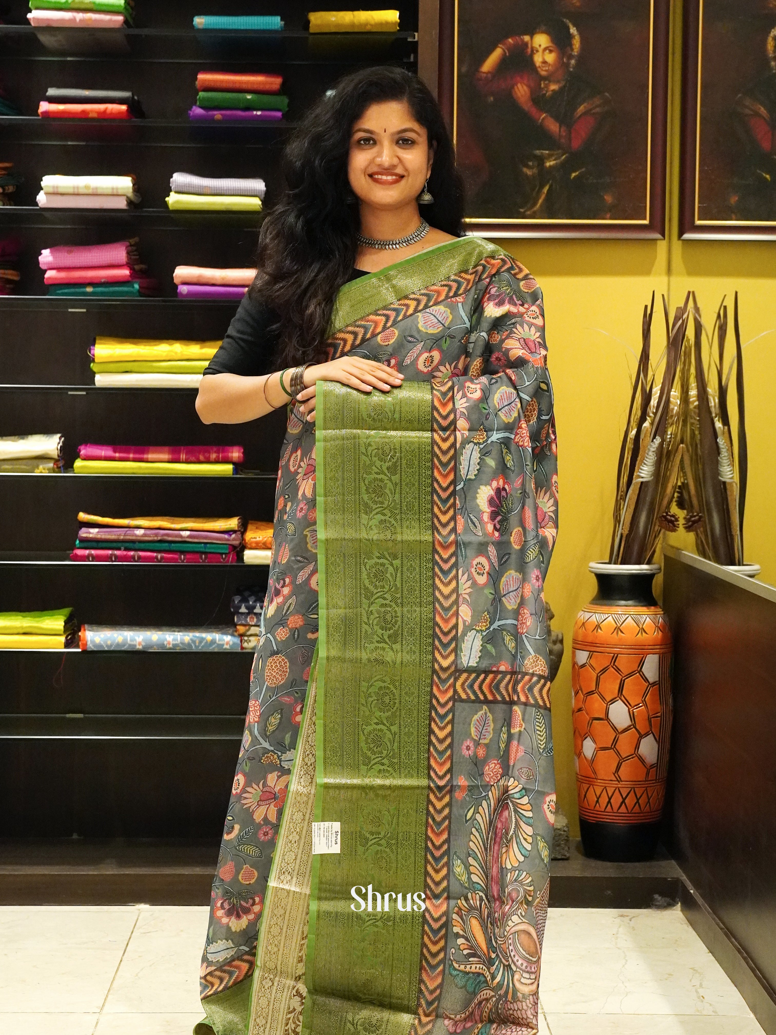 Grey & Green - Semi chanderi Saree