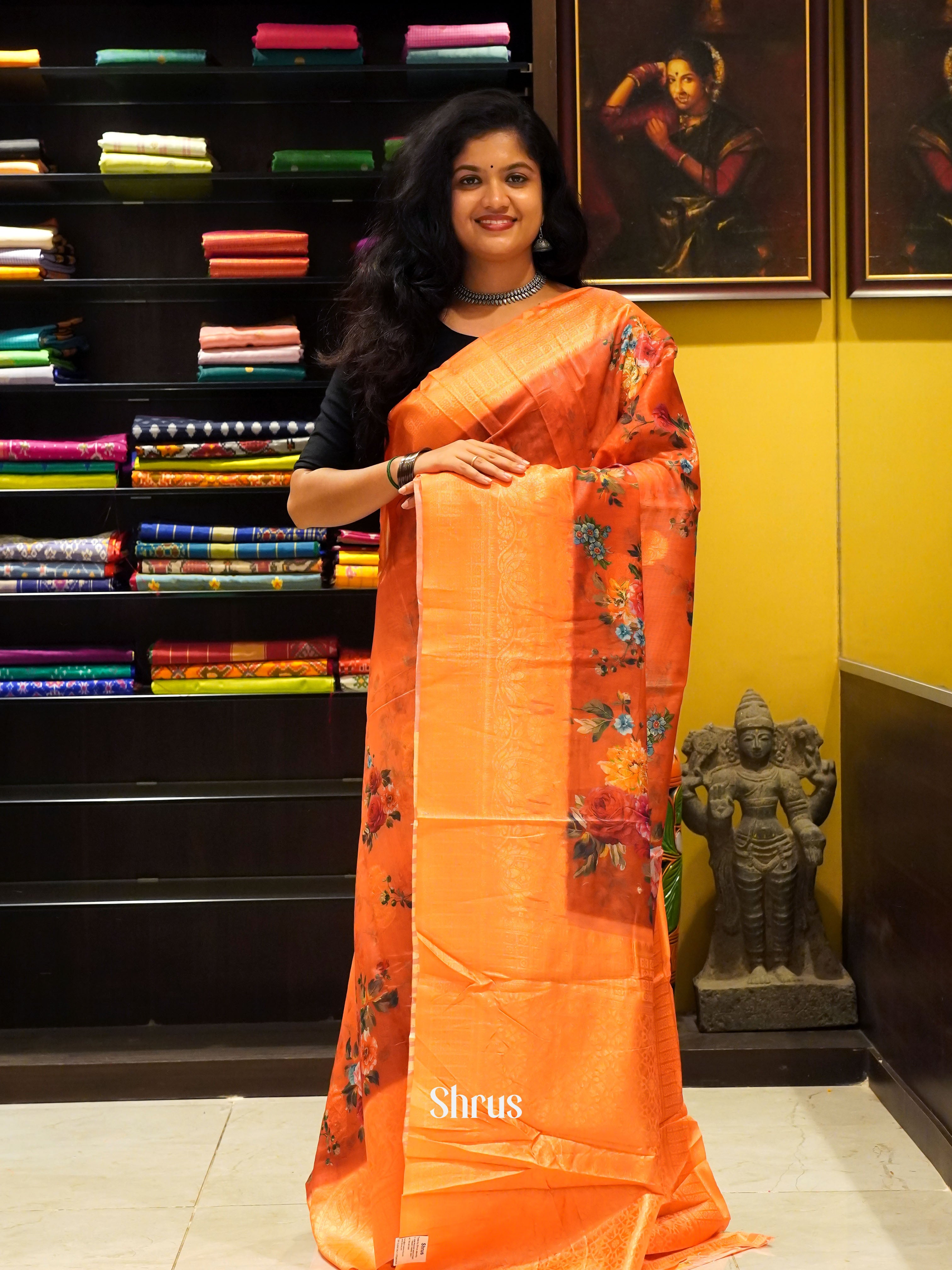 Orange(Single Tone)- Semi Jute with digital floral print on the body & Zari Border