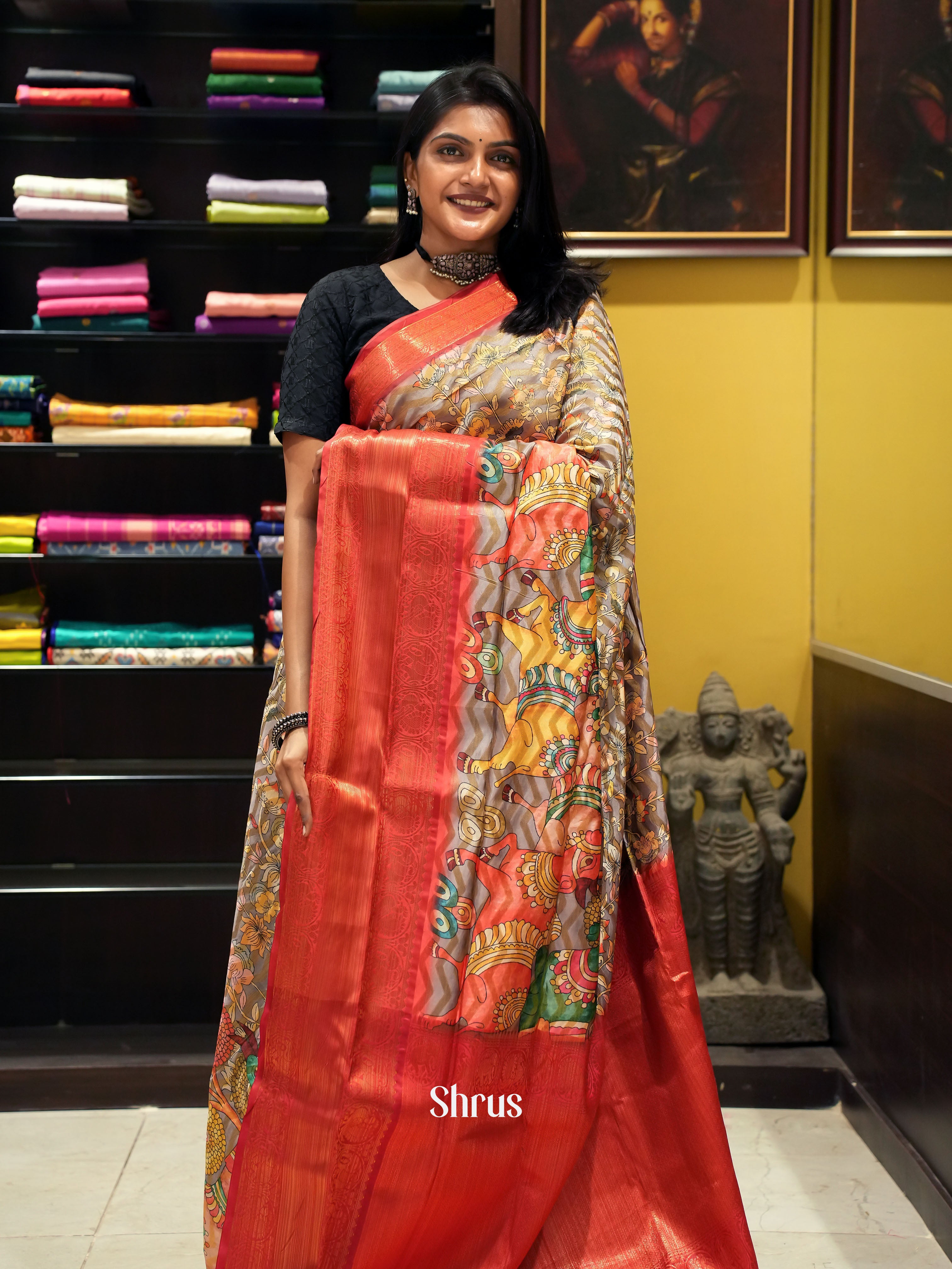 Grey & Red - Semi Dupion with kalamkari floral print  , Zari wavy Stripes on the body & Contrast Border