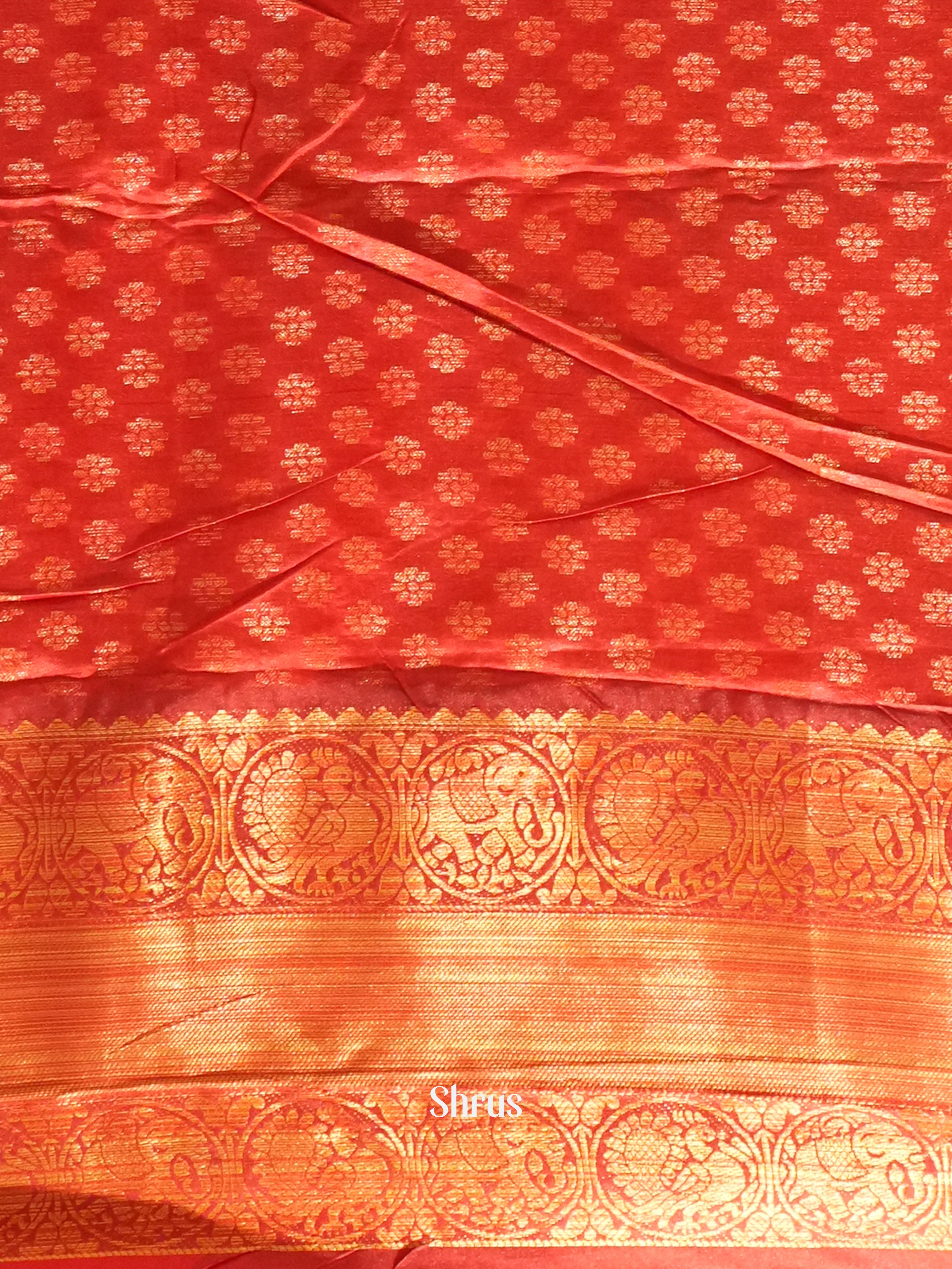 Grey & Red - Semi Dupion with kalamkari floral print  , Zari wavy Stripes on the body & Contrast Border