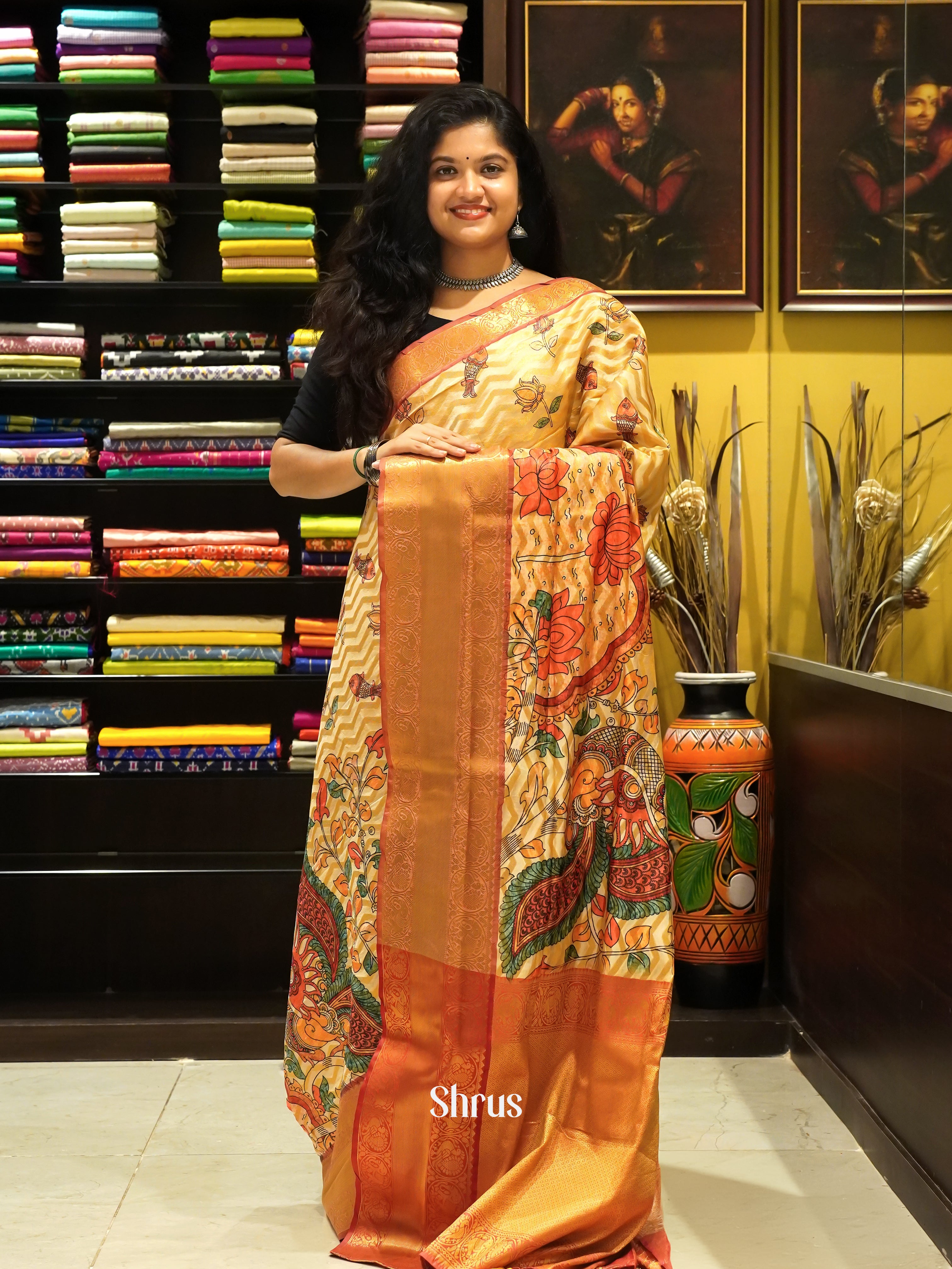 Beige & Red - Semi Dupion with   floral print on the body & Contrast zari Border