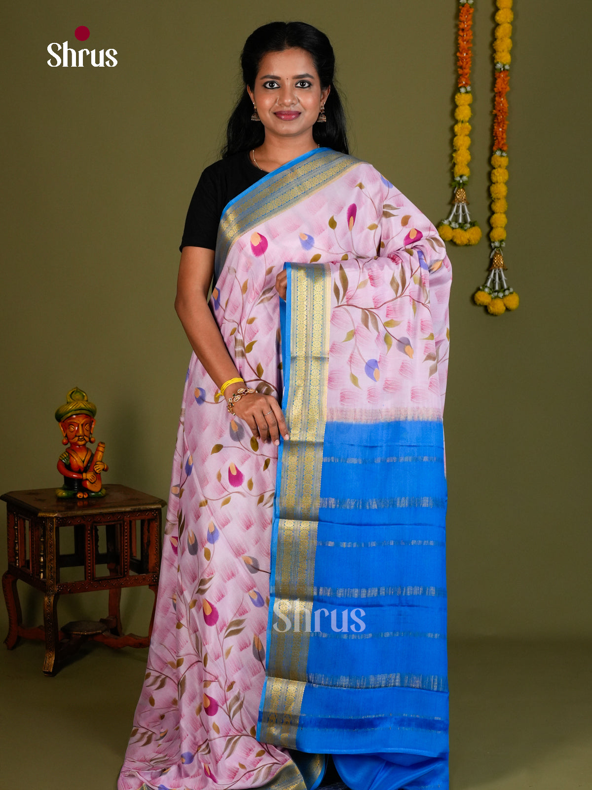 Buy Timeless Baby Pink Mysore Silk Saree Printed with Floral Vines, Blue Zari Border & Chit Pallu