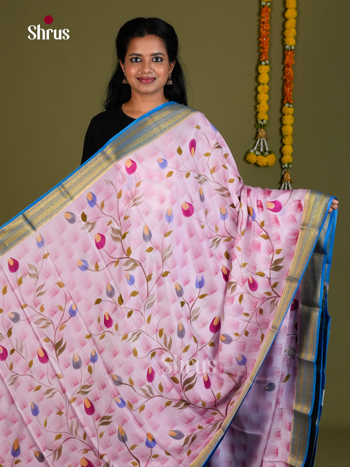 Buy Timeless Baby Pink Mysore Silk Sarees Printed with Floral Vines, Blue Zari Border & Chit Pallu