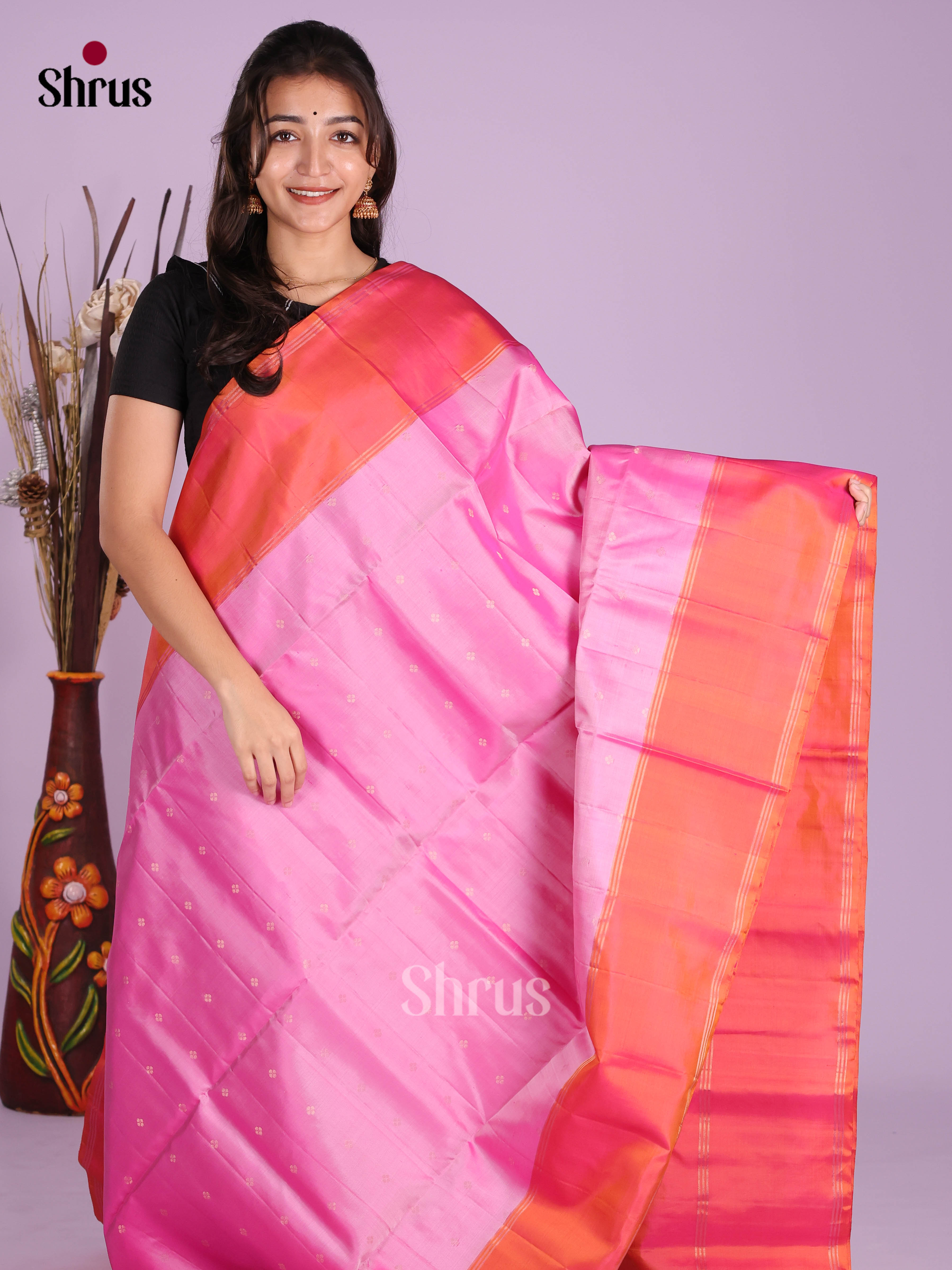 Buy Lustrous Baby Pink Pure Soft Silk Saree With Golden Buttas, Orange Zari Border & Brocade Pallu