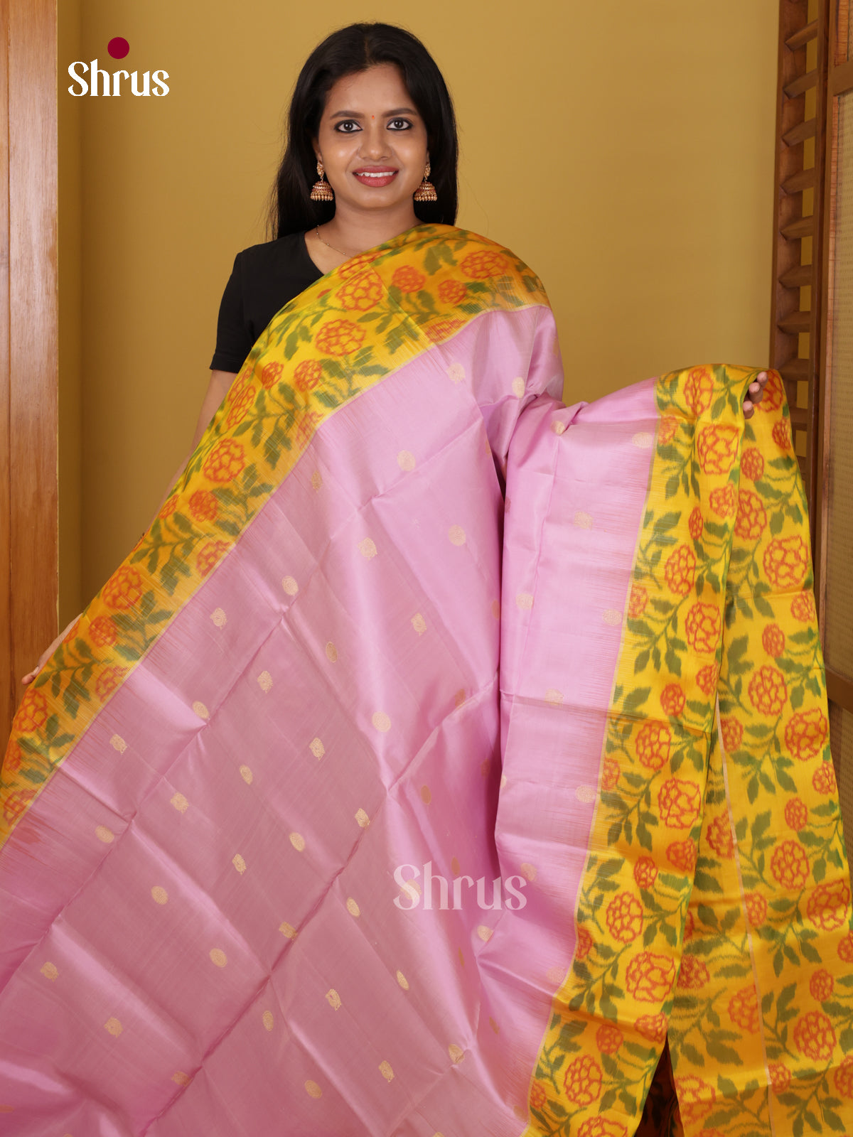 Buy Chic Baby Pink Pure Soft Silk Saree with Peacock & Floral Buttas, Yellow Pochampally Border & Brocade Pallu