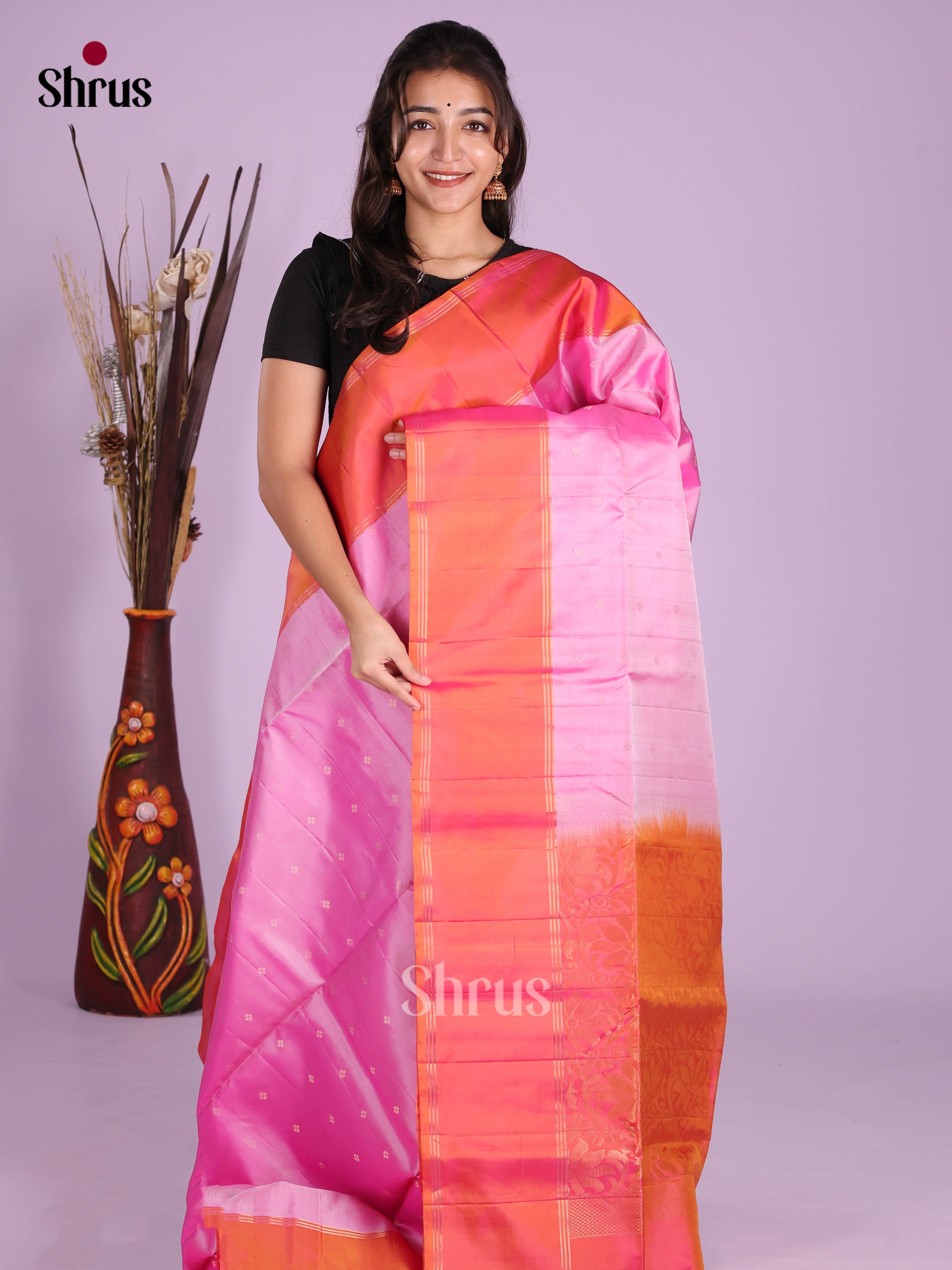Buy Lustrous Baby Pink Soft Silk Saree With Golden Buttas, Orange Zari Border & Brocade Pallu