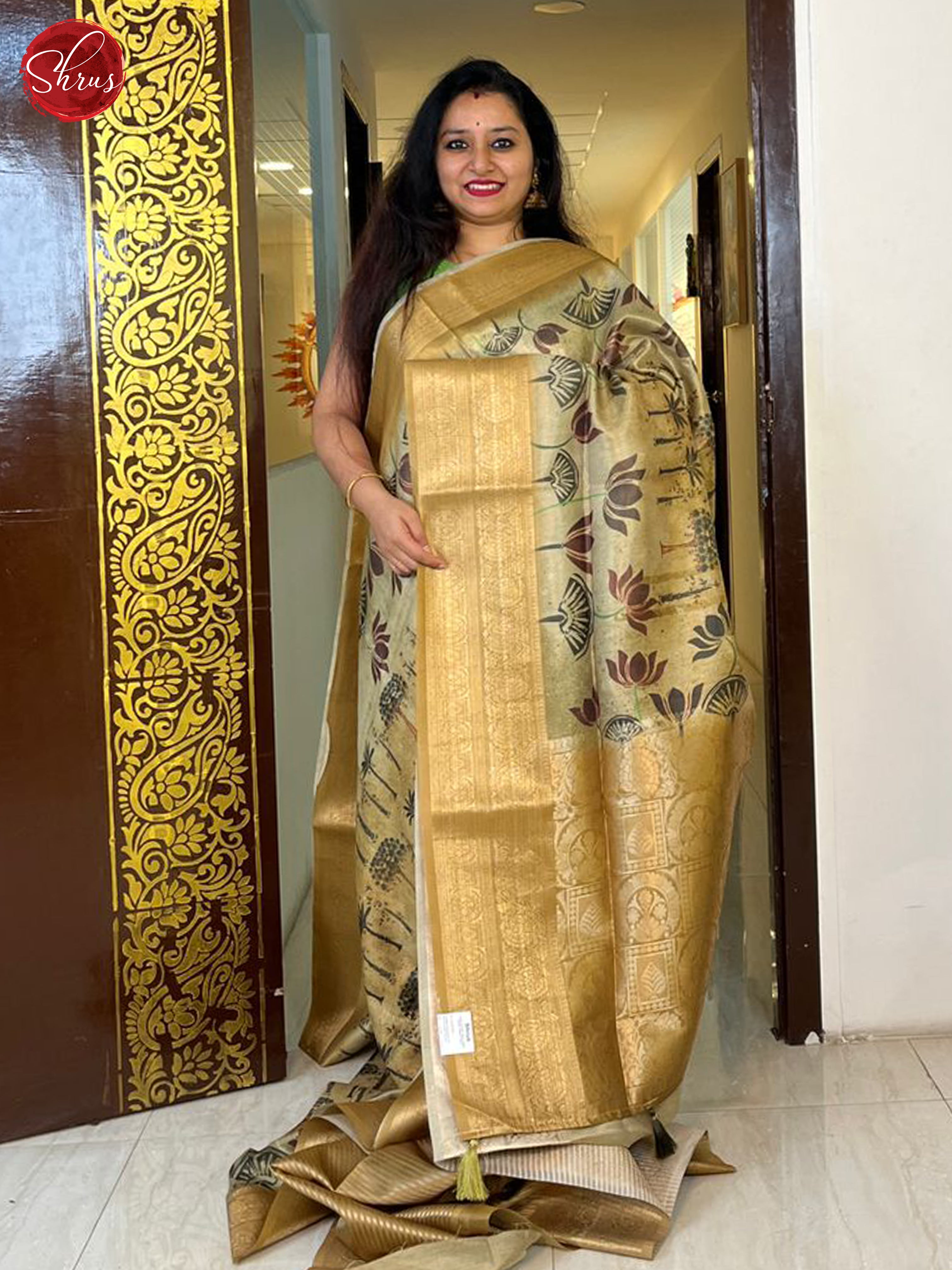 Dull Gold (Single Tone)-Semi Jute with  floral  Print  on the Body &zari Border - Shop on ShrusEternity.com