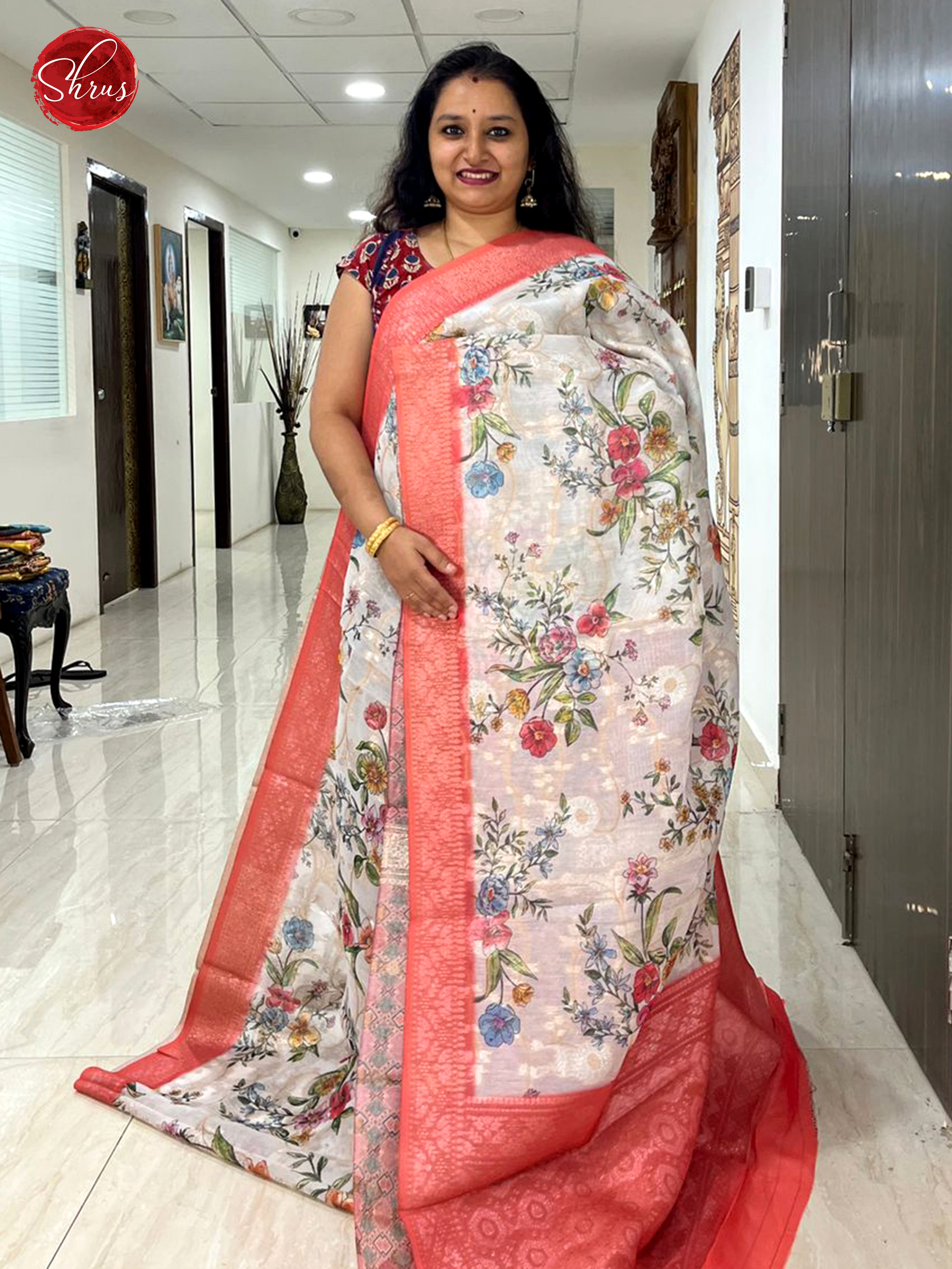 White & Pink - Semi Chanderi with floral print on the body & Zari Border - Shop on ShrusEternity.com