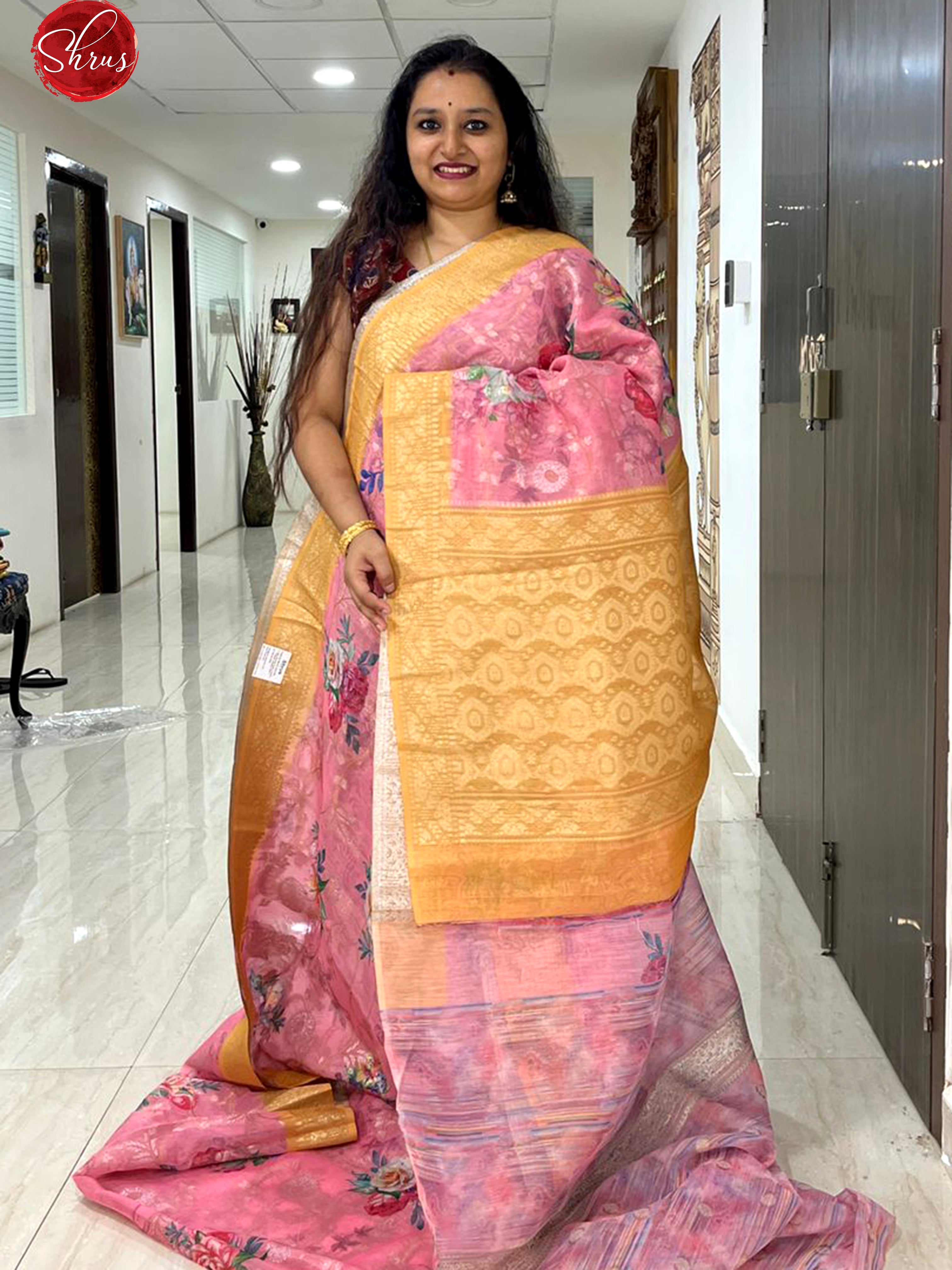 Pink & Yellow -Semi Chanderi with floral print on the body & Zari Border - Shop on ShrusEternity.com