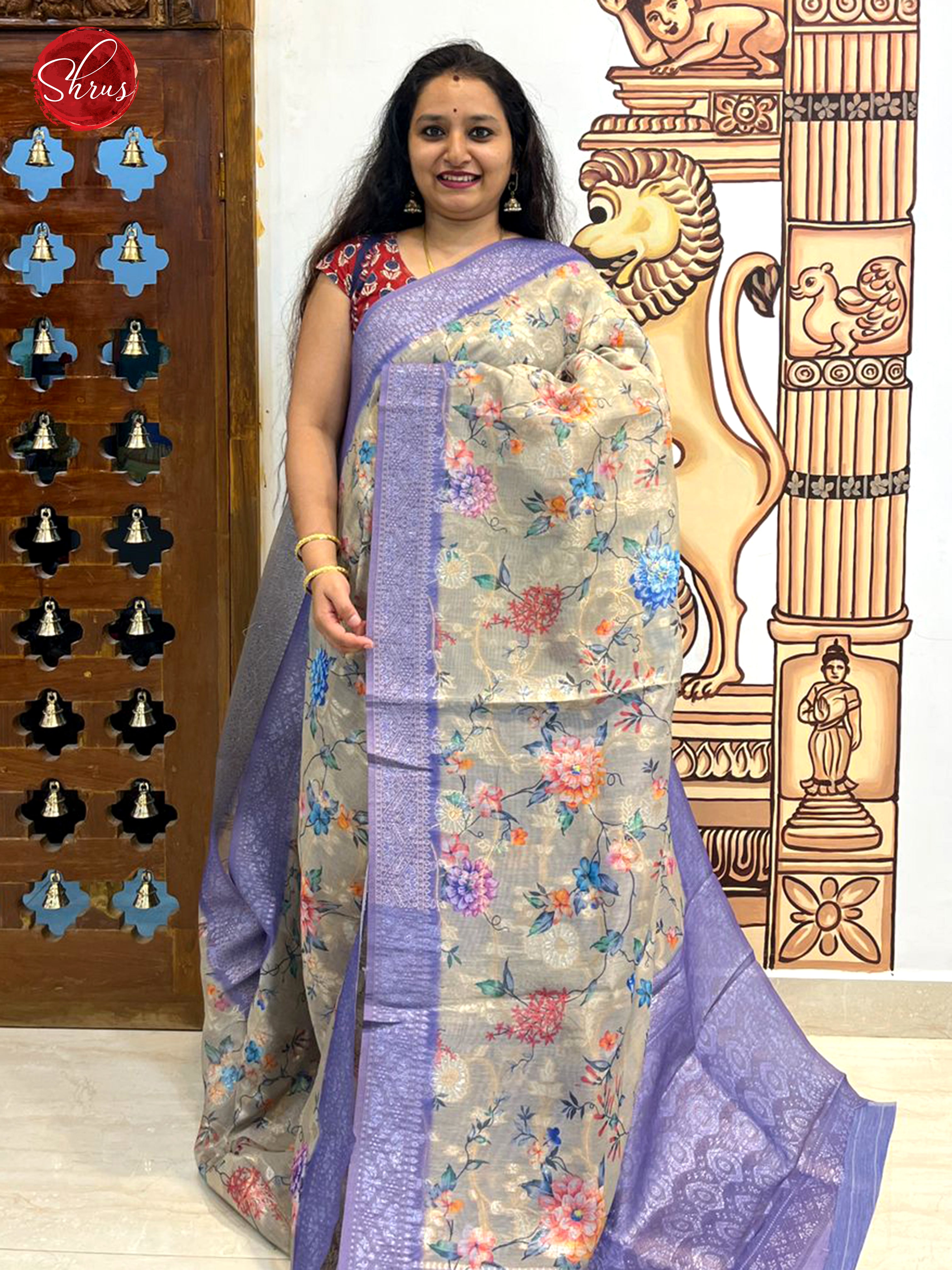 Grey & Lavender - Semi Chanderi with floral print on the body & Zari Border - Shop on ShrusEternity.com