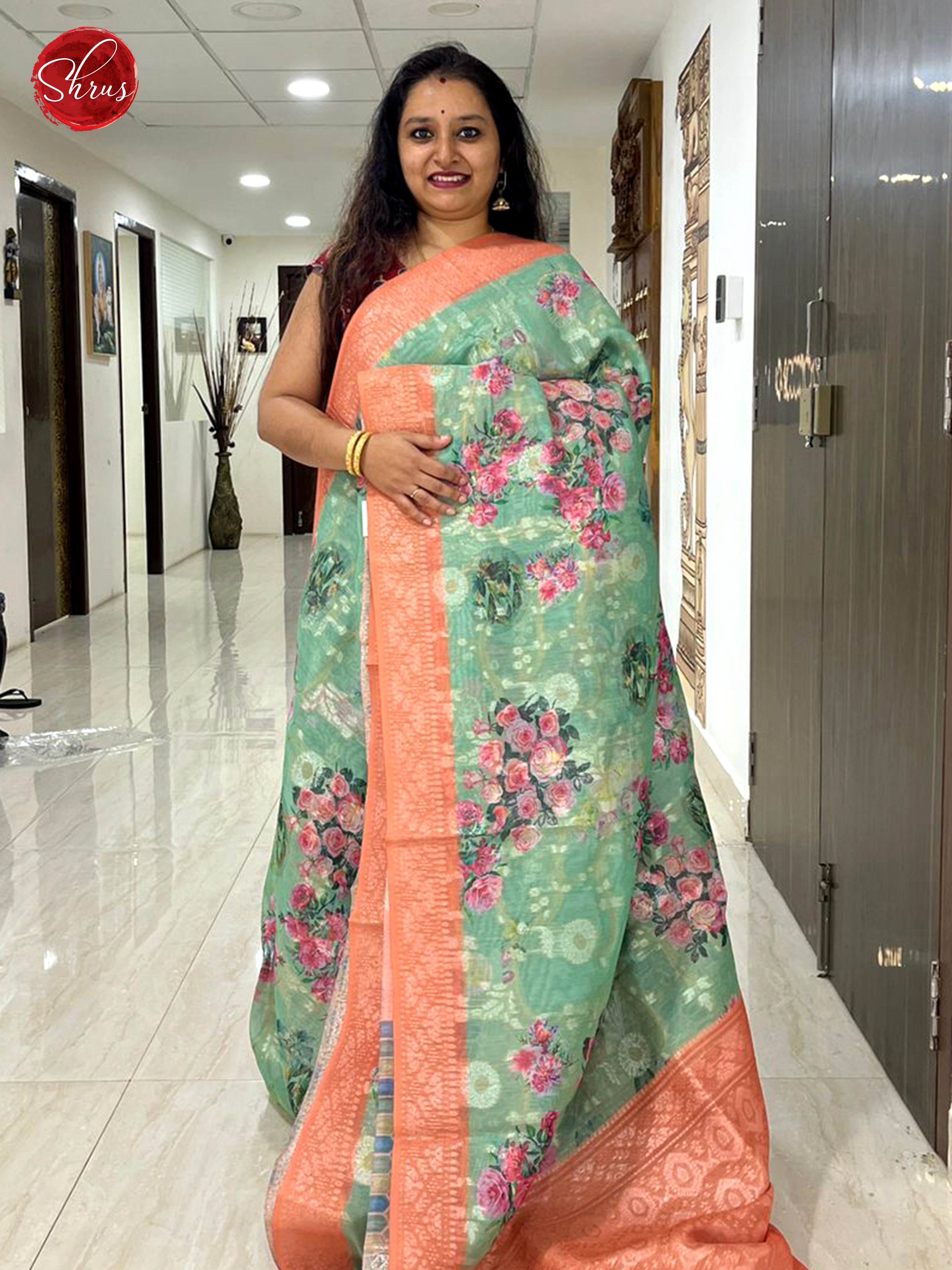 Green & Peach - Semi Chanderi with floral print on the body & Zari Border - Shop on ShrusEternity.com