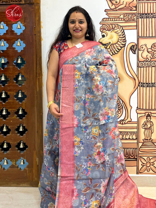 Grey & Pink -Semi Chanderi with floral print on the body & Zari Border - Shop on ShrusEternity.com