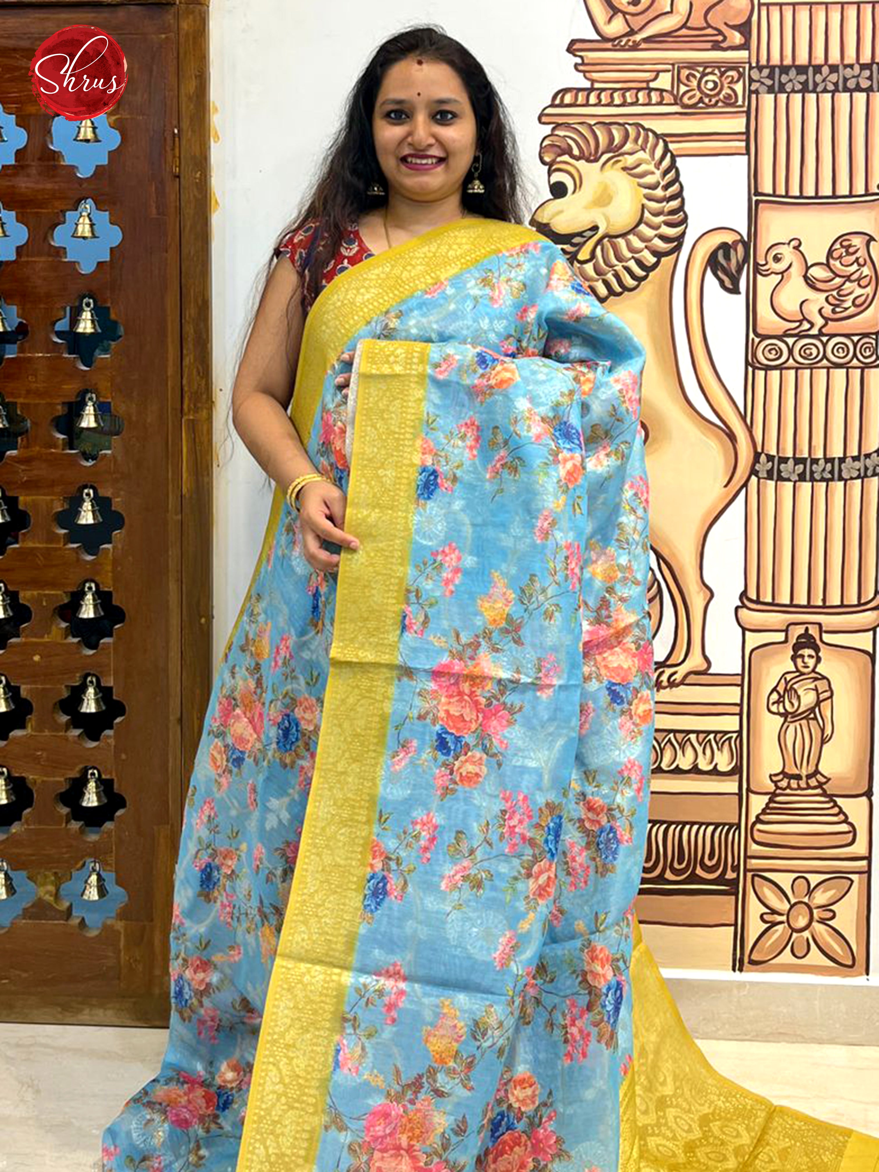 Blue & Yellow -Semi Chanderi with floral print on the body & Zari Border - Shop on ShrusEternity.com