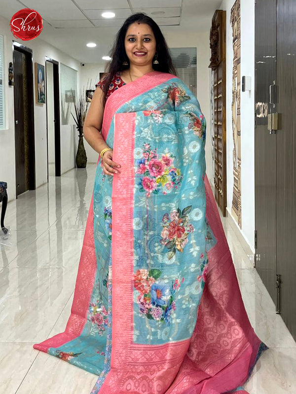 Blue & Pink - Semi Chanderi with floral print on the body & Zari Border - Shop on ShrusEternity.com