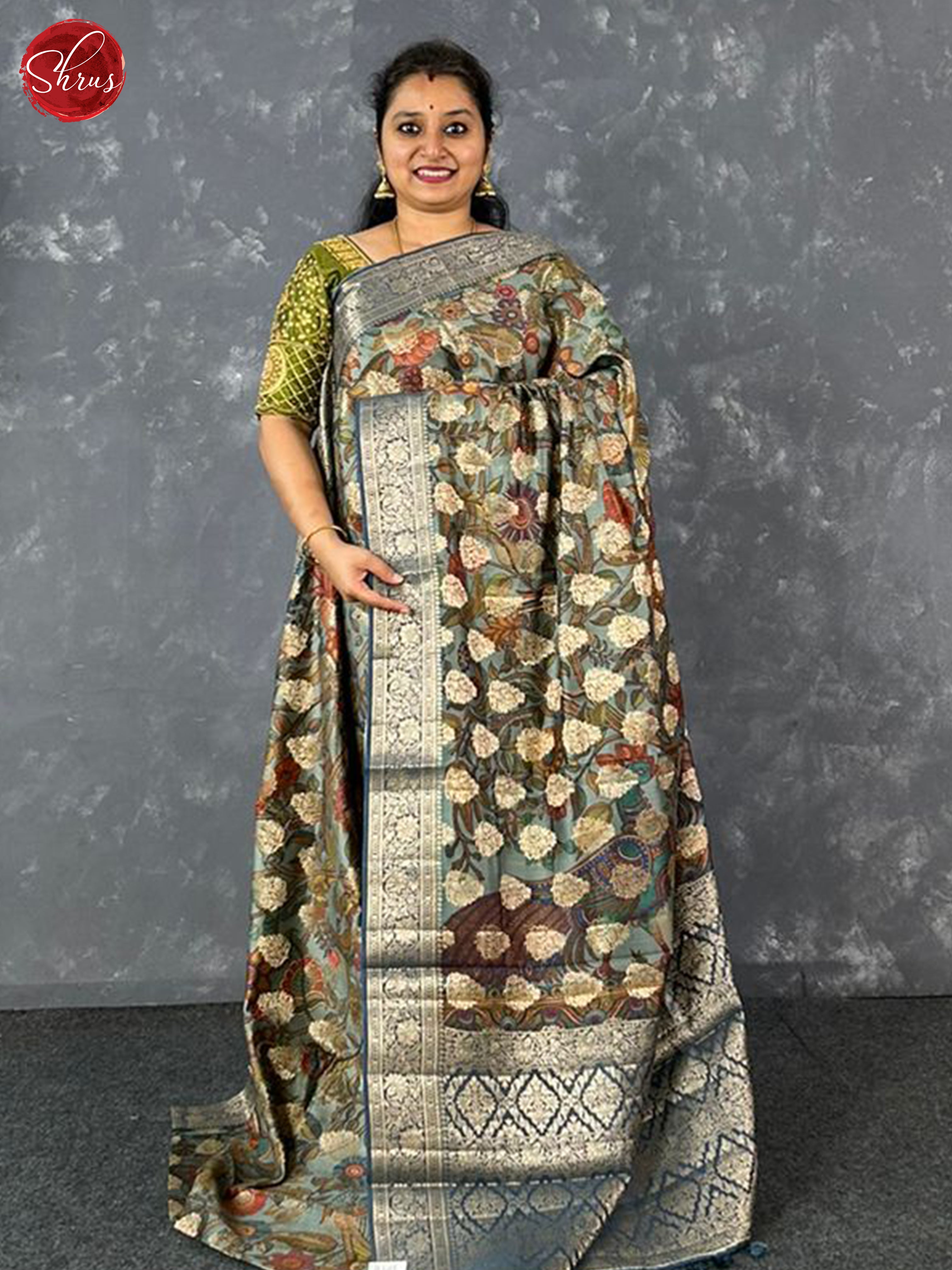Greenish Grey & Blue - Tussar with zari woven floral   motifs , floral print on the body & contrast  zari border - Shop on ShrusEternity.com