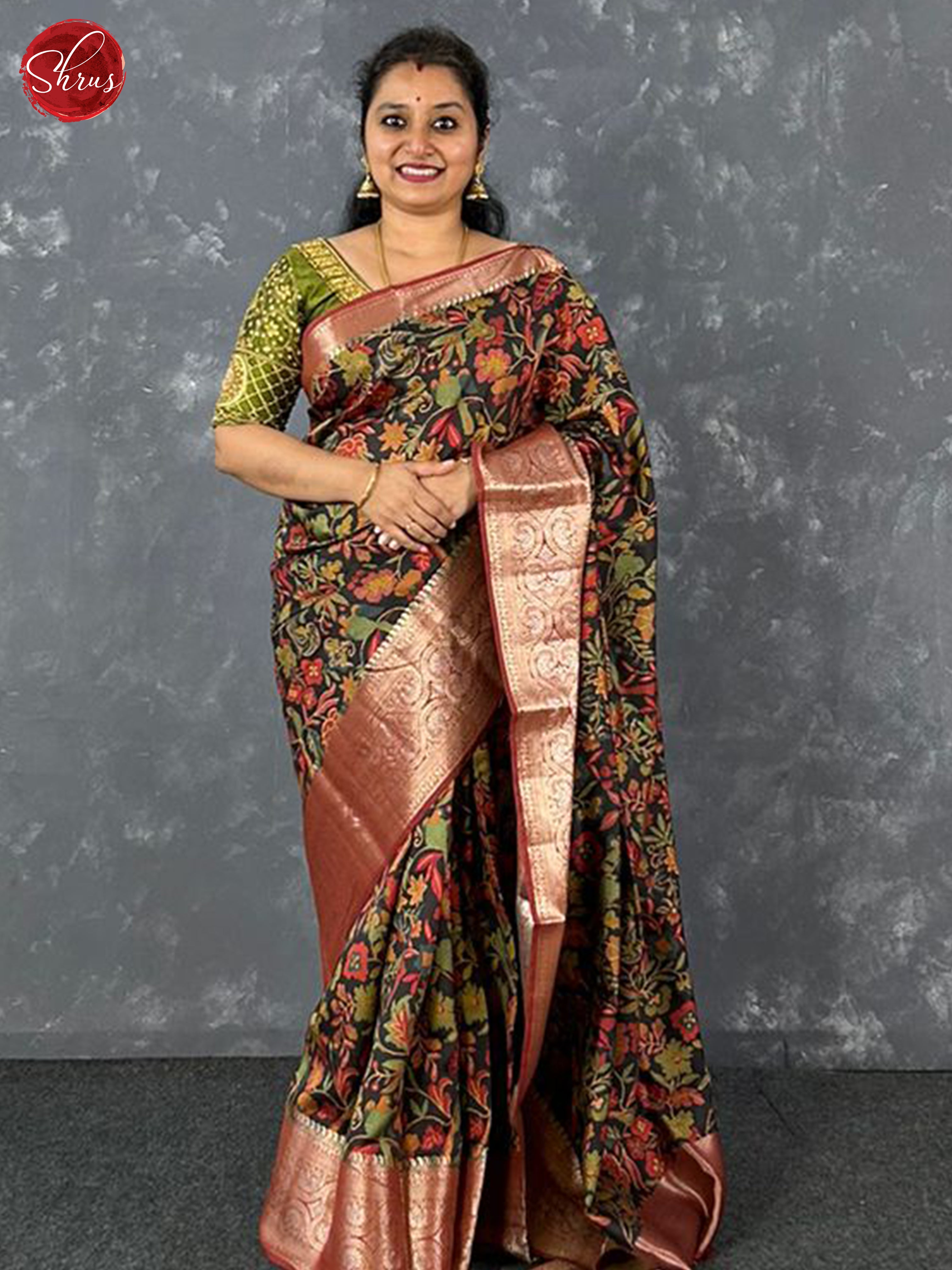Black & Red - Tussar with  floral print on the body & contrast  zari border - Shop on ShrusEternity.com
