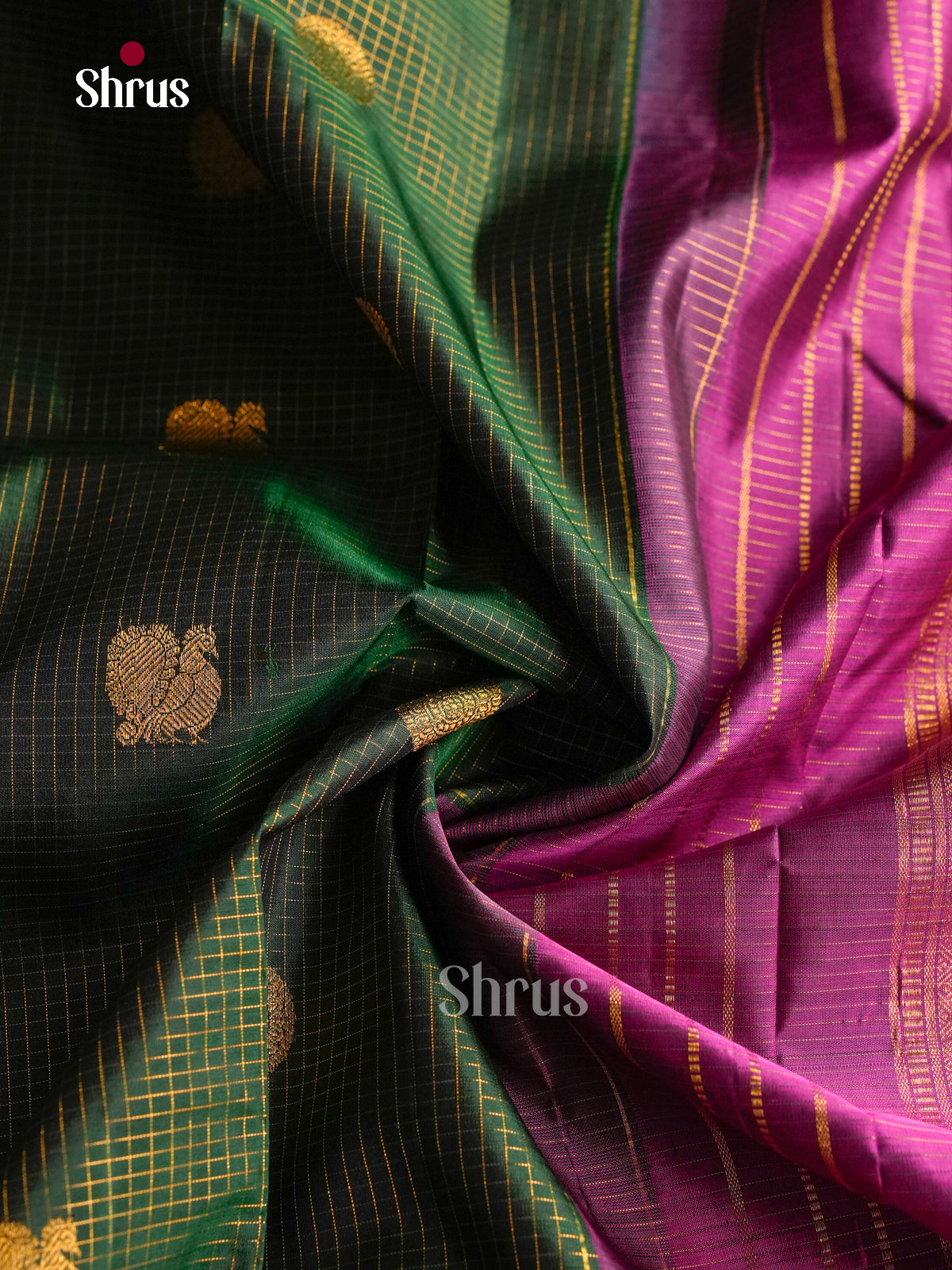 Beautiful Bottle Green 9Yards Silk Sarees With Intricate Checks & Buttas | Magenta Zari Border