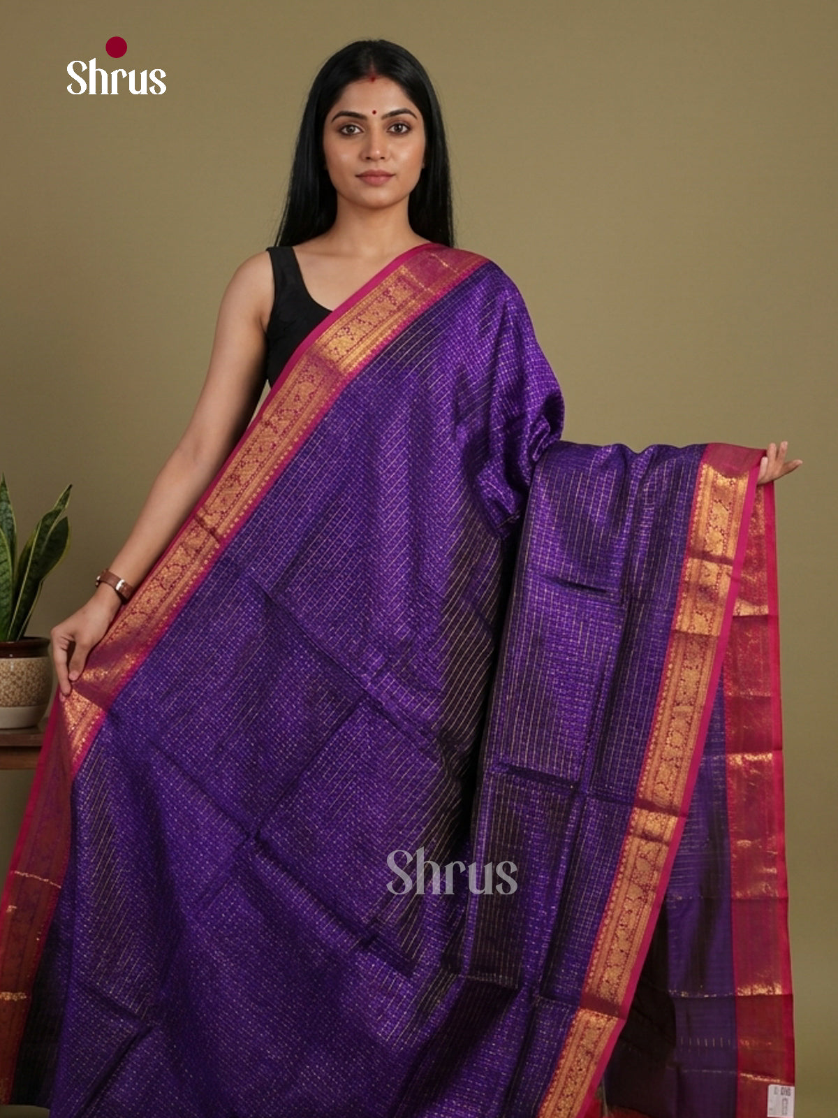 Beautiful Deep Violet Silk Cotton Saree with Zari Kattam, Buttas & Pink Zari Border 1