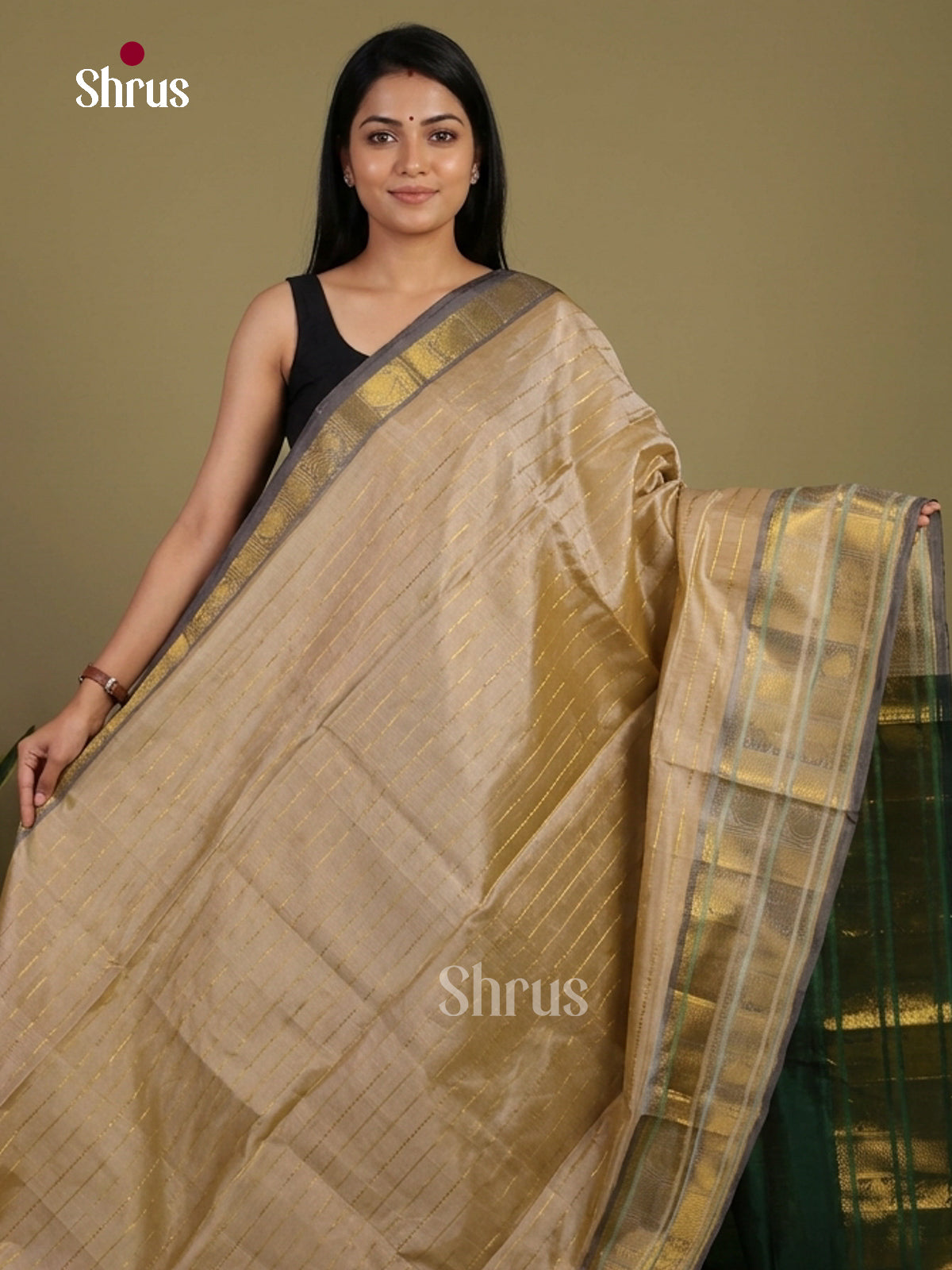 Beautiful Gold Silk Cotton Saree With Zari Stripes & Deep Green Borer With Paisley Motifs 1