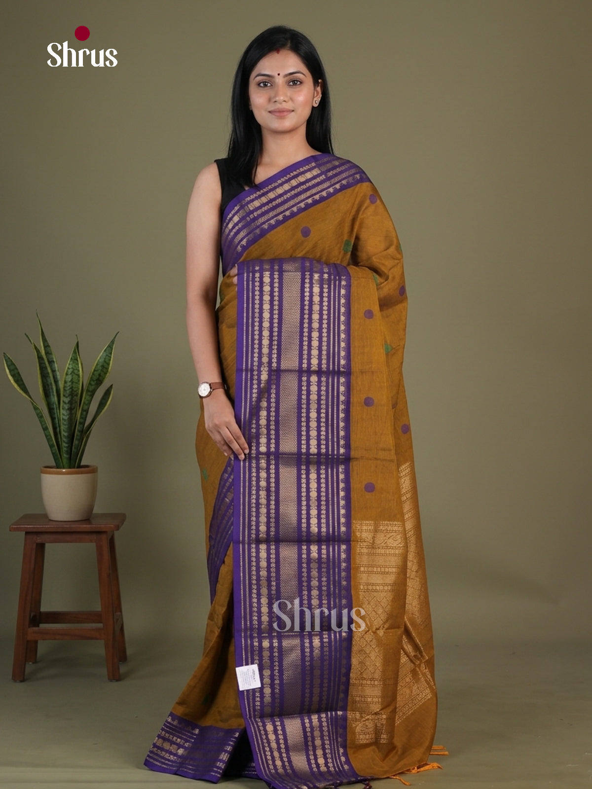Beautiful Mustard Brown Chettinad Cotton Saree With Circular Buttas & Violet Zari Striped Border