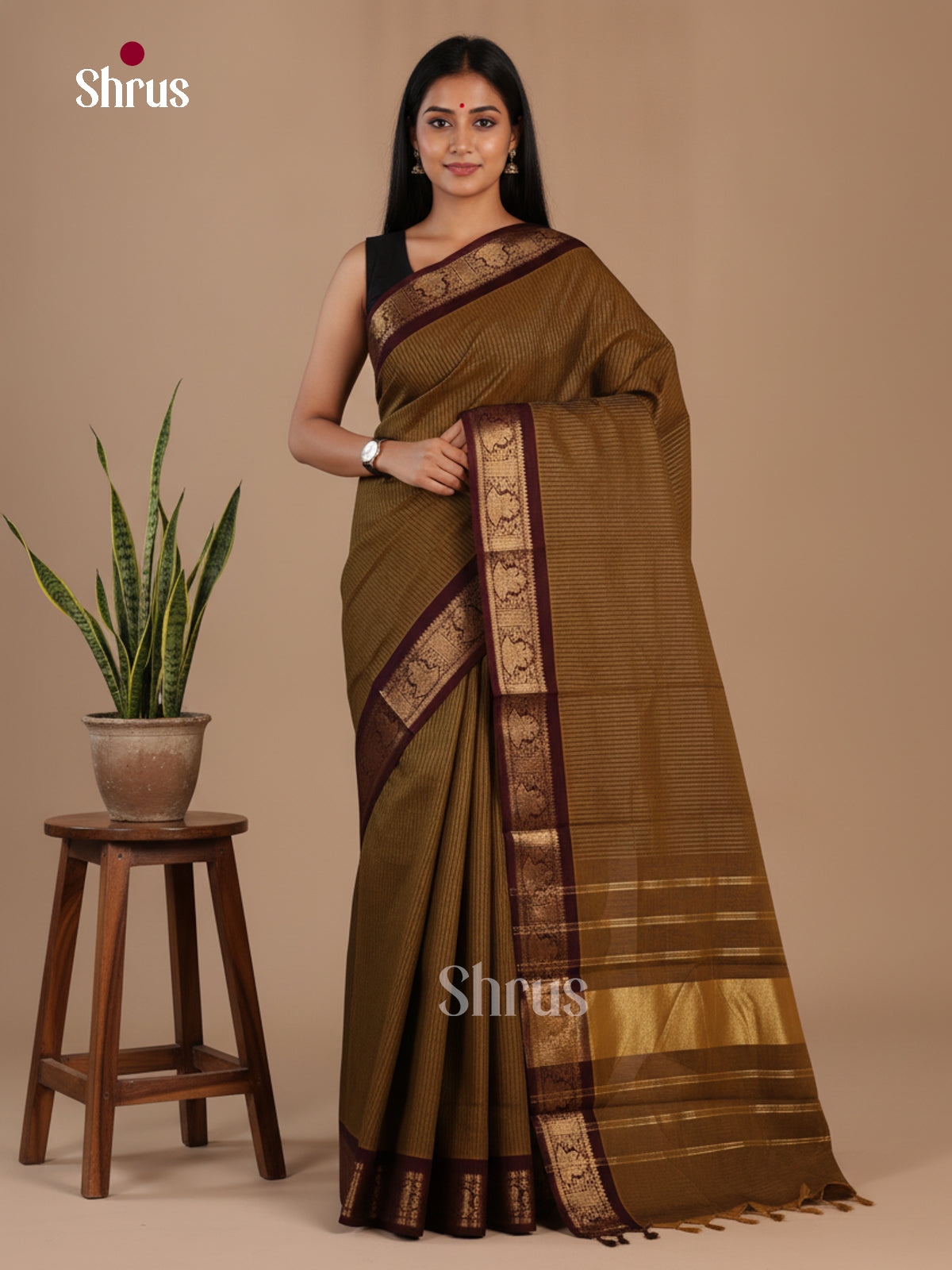 Beautiful Olive Brown Chettinad Cotton Saree With Fine Stripes & Dark Maroon Zari Border 