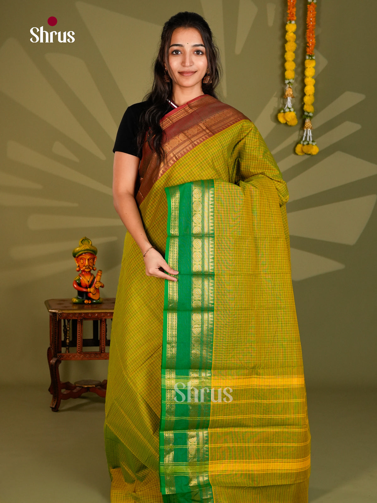 Beautiful Olive Green Chettinad Cotton Saree With Intricate Checks & Rettaipet Zari Border