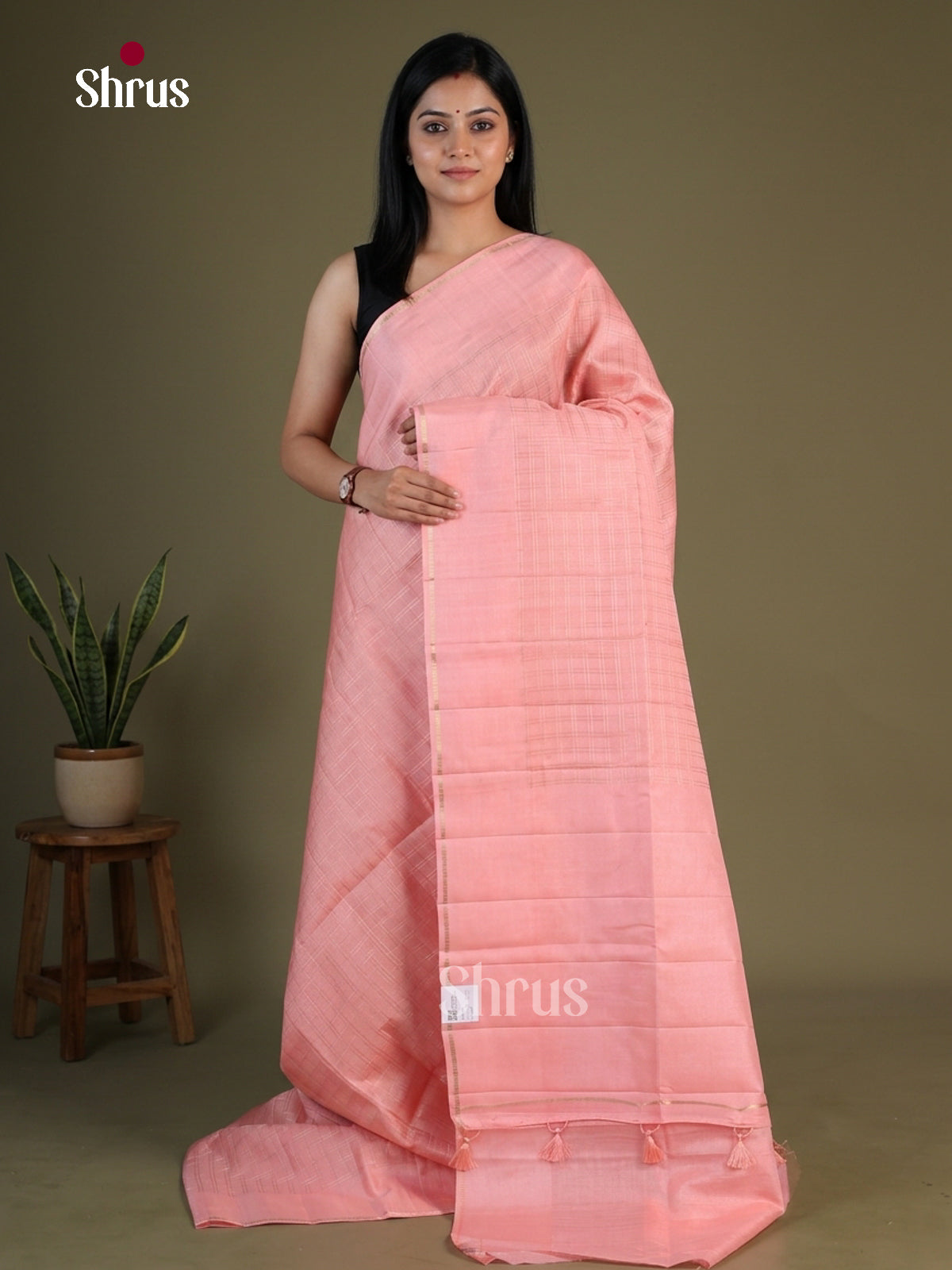Beautiful Peach Pink Semi Raw Silk Saree With Zari Checks, Plain Border & Pallu
