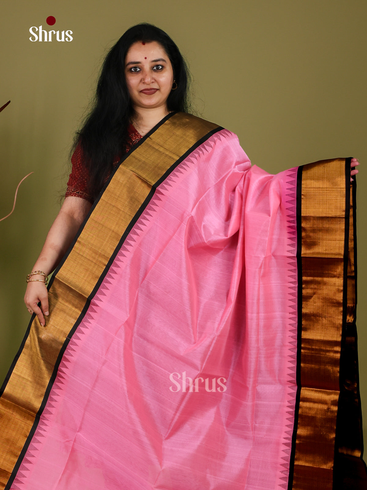 Beautiful Rose Pink Cotton Silk Saree with Plain Body, Black Kaddi Zari Woven Gold Temple Border & Pallu 1