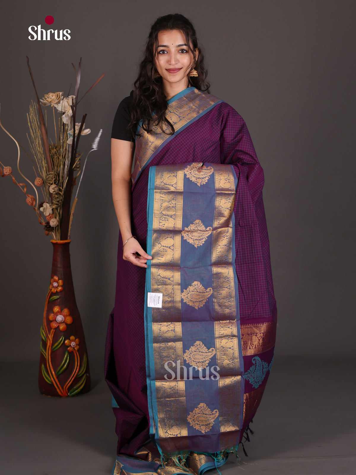 Beautiful Violet Checked Chettinad Cotton Saree With Blue Rettapet Zari Border