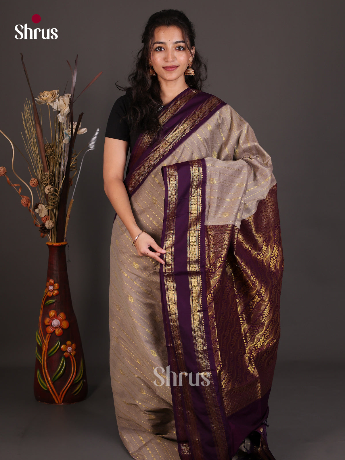 Exquisite Beige Kalyani Cotton Saree With Zri Woven Stripe Pattern, Deep Wine Rettaipet Border & Pallu