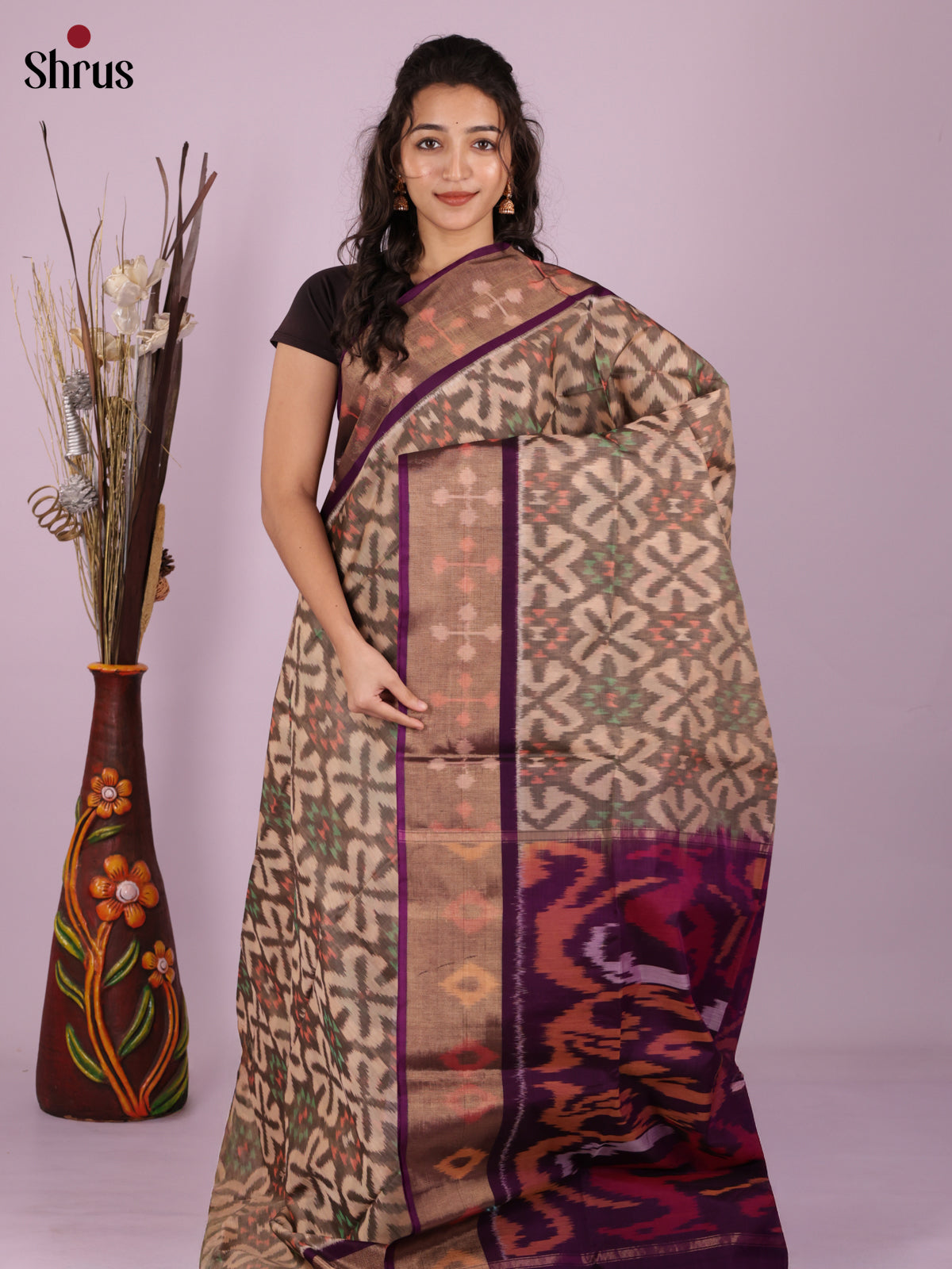 Buy Pretty Beige Pochampally Silk Cotton Saree With Floral Ikat Motifs, Purple Zari Border & Pallu