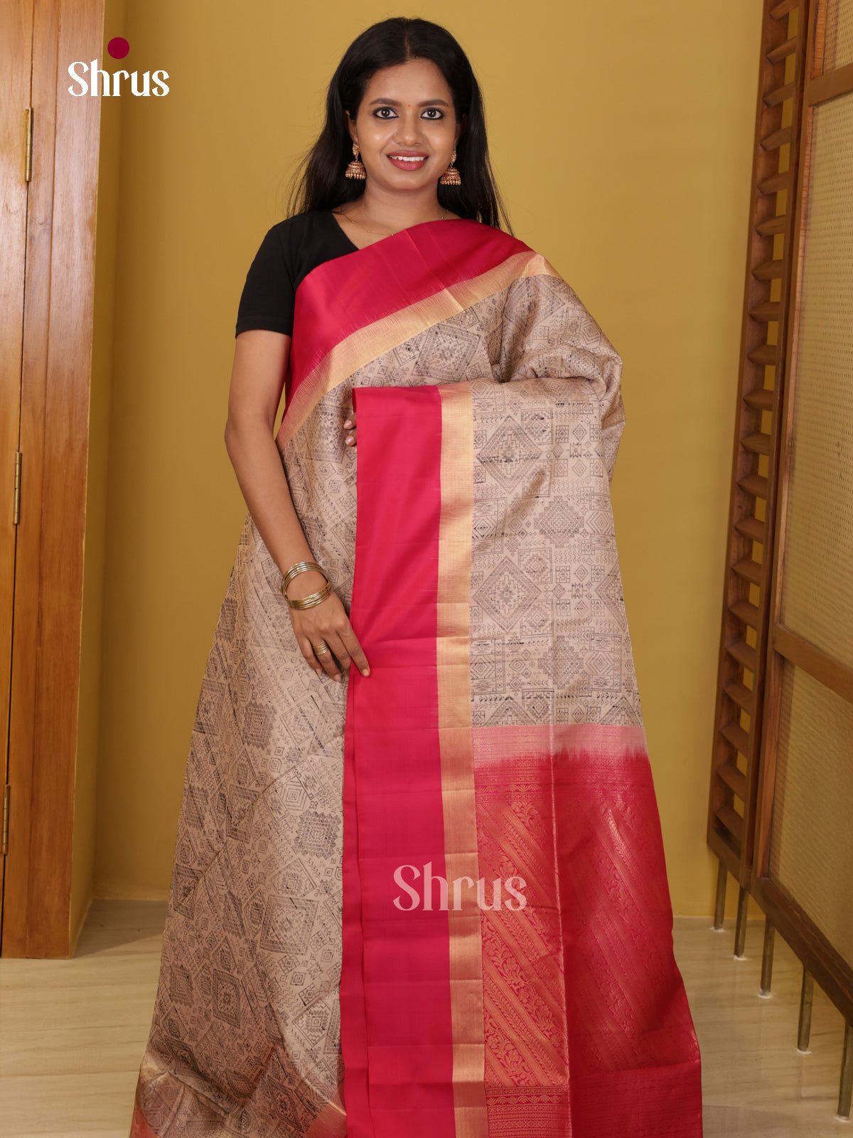 Buy Ornate Beige Printed Soft Silk Saree With Tribal Prints, Plain Pink Border & Brocade Pallu
