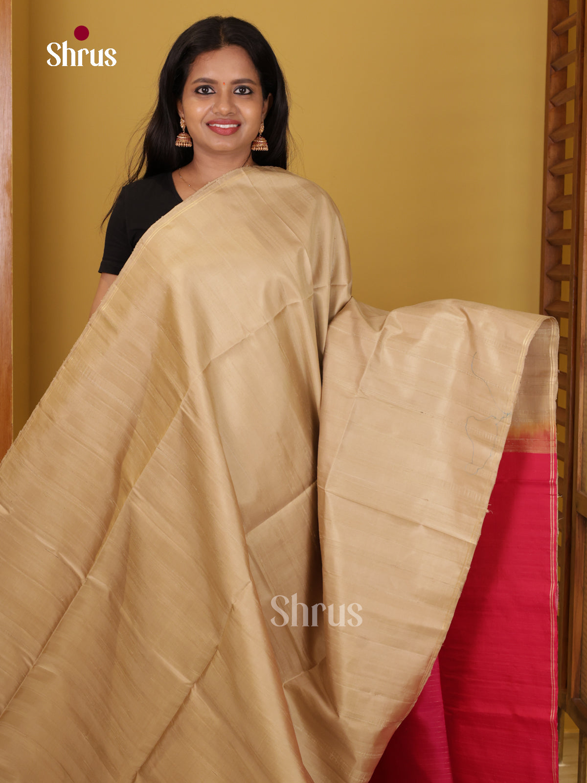 Buy Lustrous Beige Pure Soft Silk Saree with Subtle Stripes & Pink Zari Pallu 