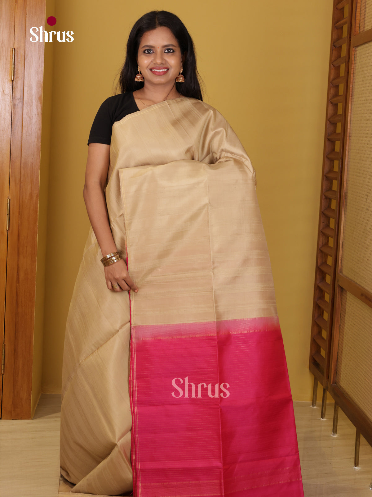 Buy Lustrous Beige Soft Silk Saree with Subtle Stripes & Pink Zari Pallu 