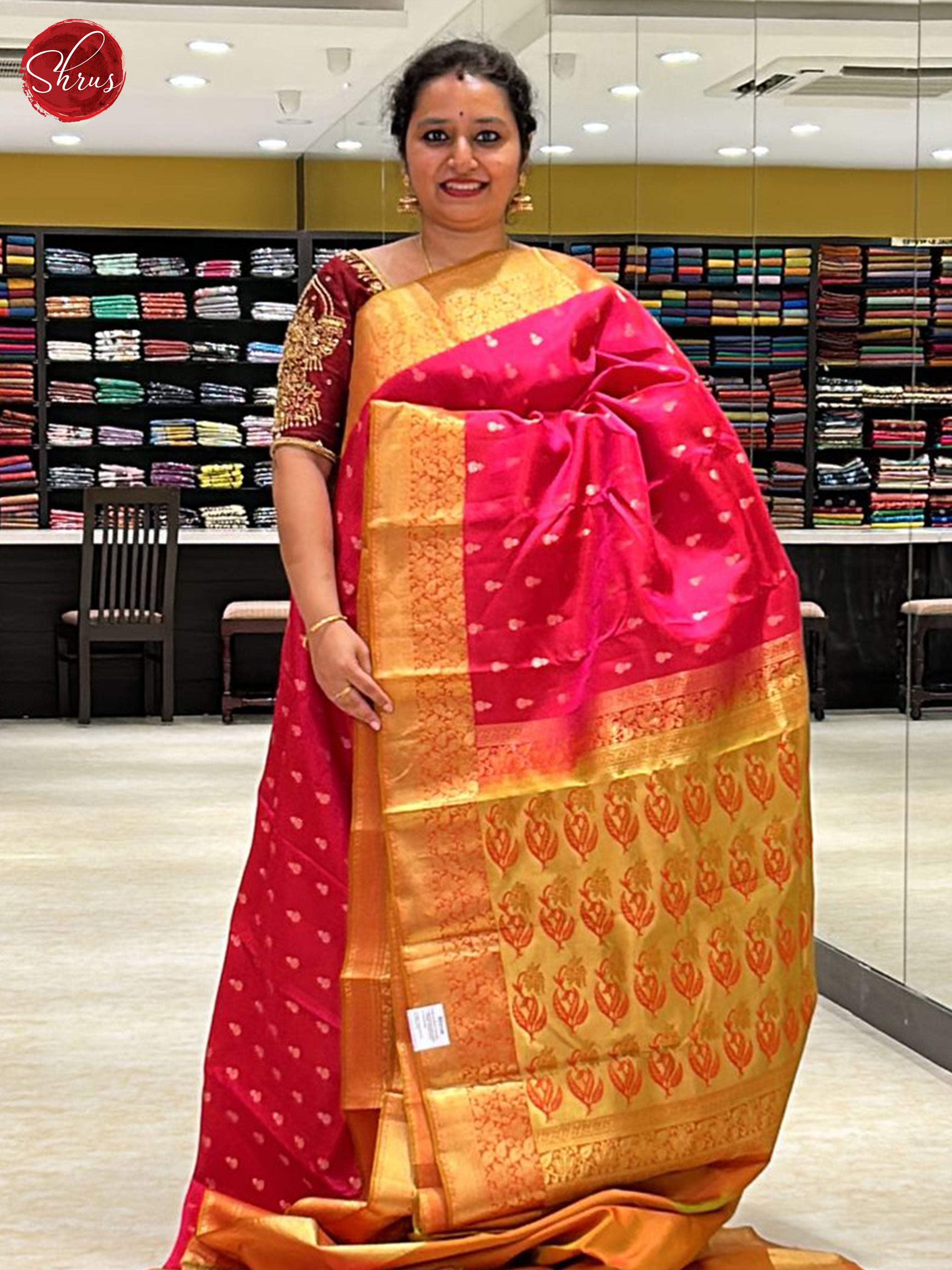 Pink & Orange - Kanchipuram Half pure Silk Saree - Shop on ShrusEternity.com