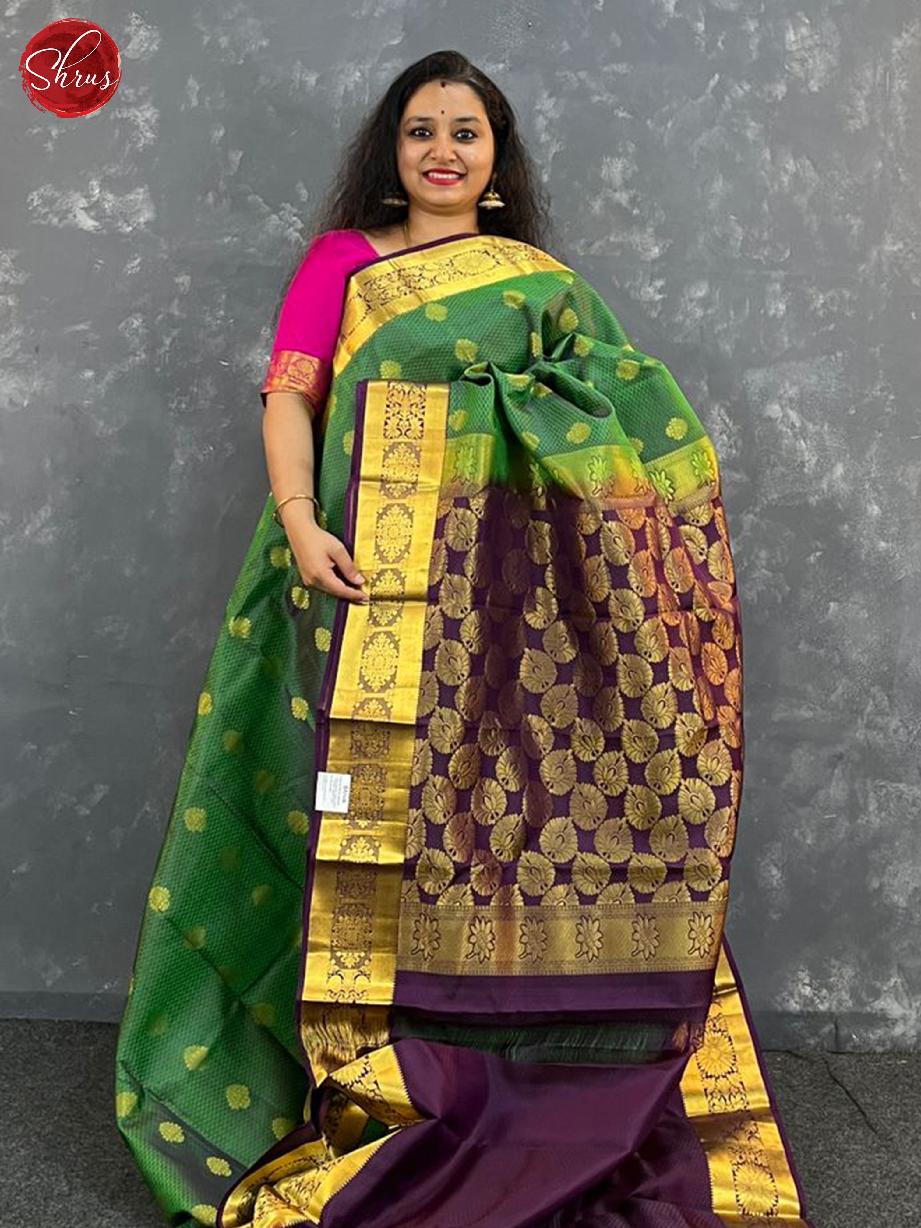 Green & Jamun Fruit-  Kanchipuram (Half Pure) Saree - Shop on ShrusEternity.com