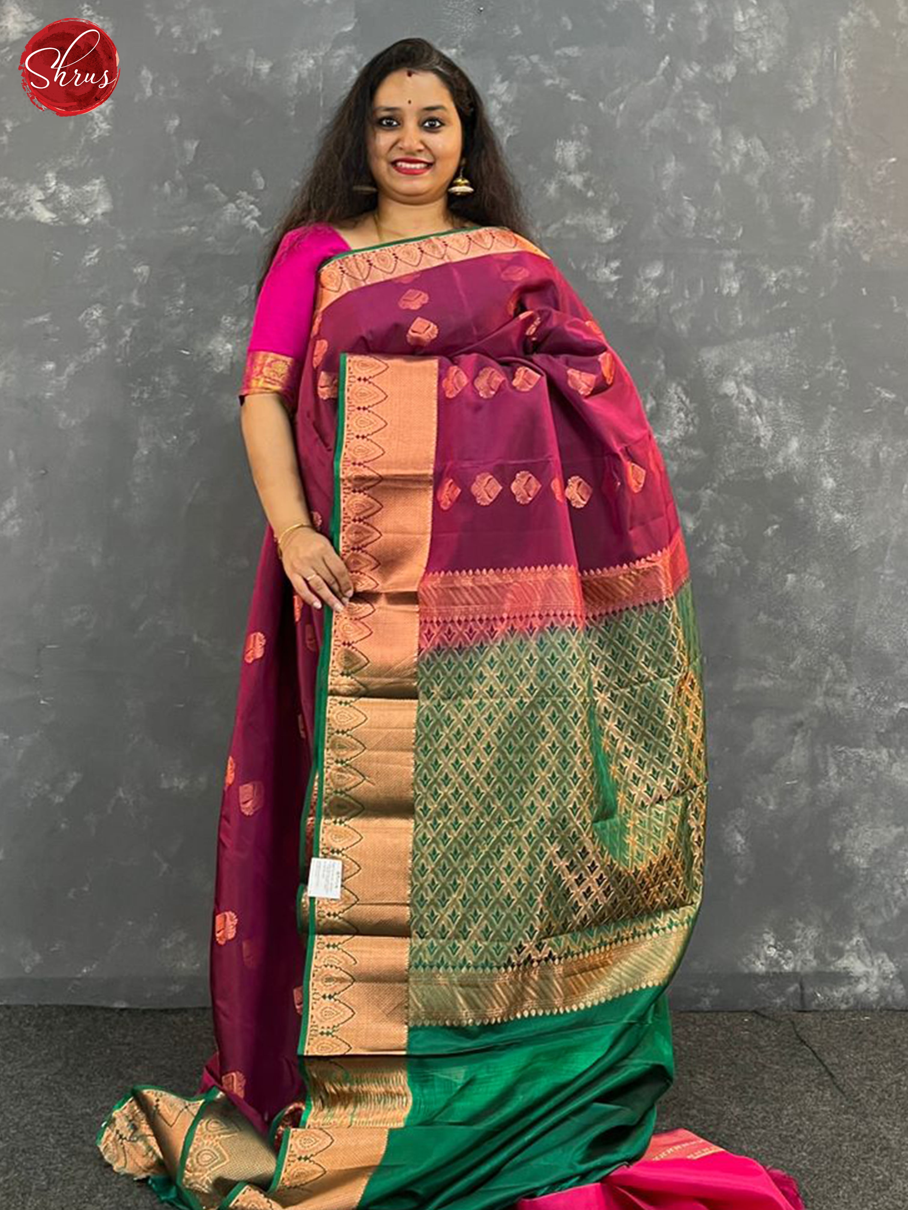 Wine & Green -  Kanchipuram (Half Pure) Saree - Shop on ShrusEternity.com